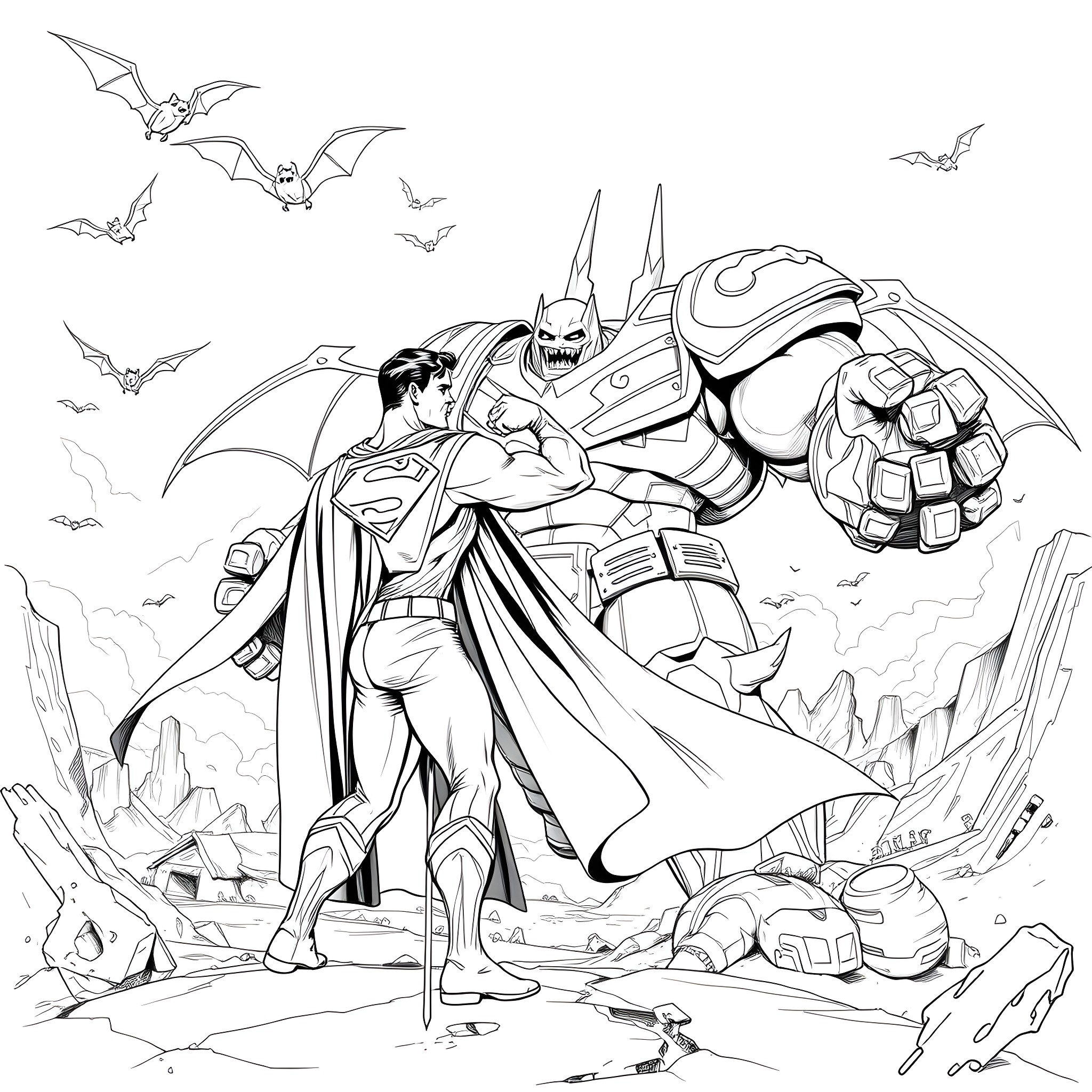 Superman confronting a giant robot villain in a dramatic scene Coloring Page (free black-and-white line drawing printable PDF for all, from beginners to advanced learners, including children, teens, adults, and seniors)