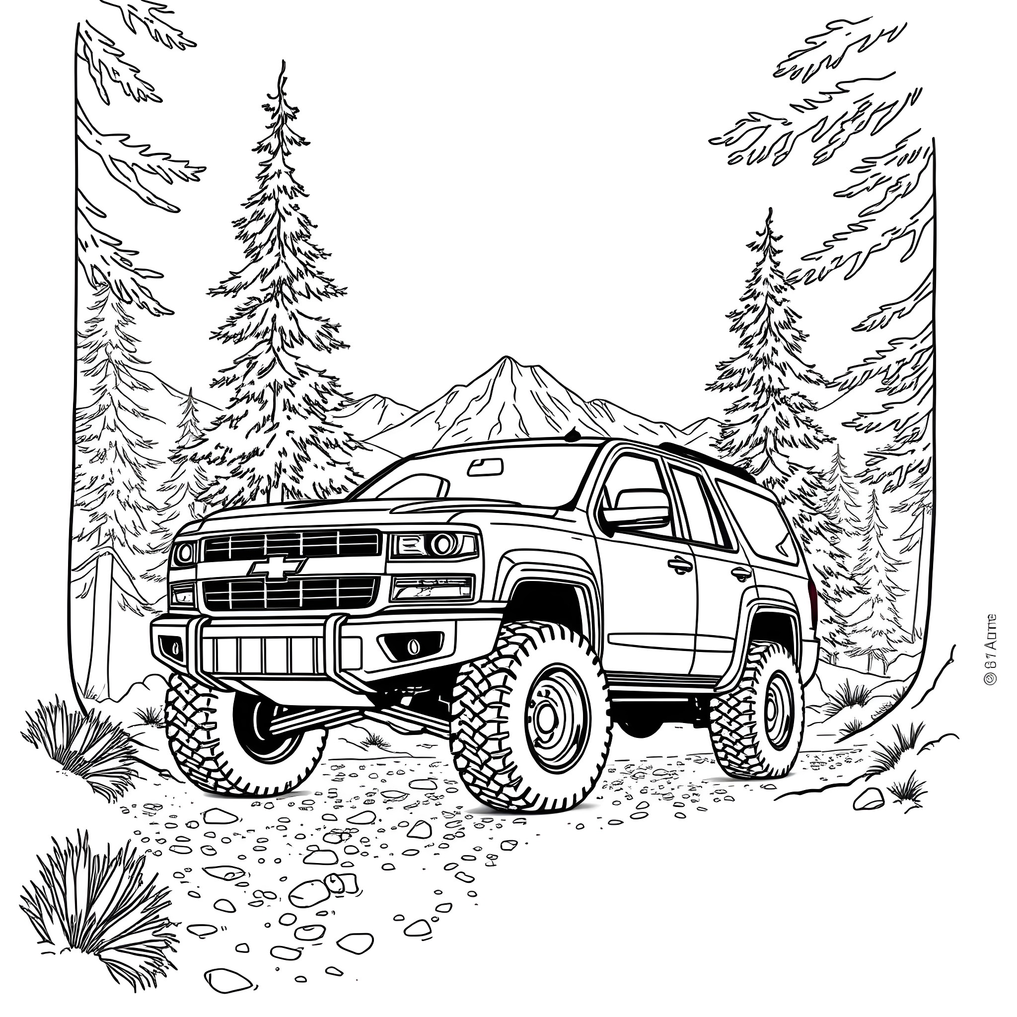 Chevy Blazer exploring rugged mountain terrain Coloring Page (free black-and-white line drawing printable PDF for all, from beginners to advanced learners, including children, teens, adults, and seniors)