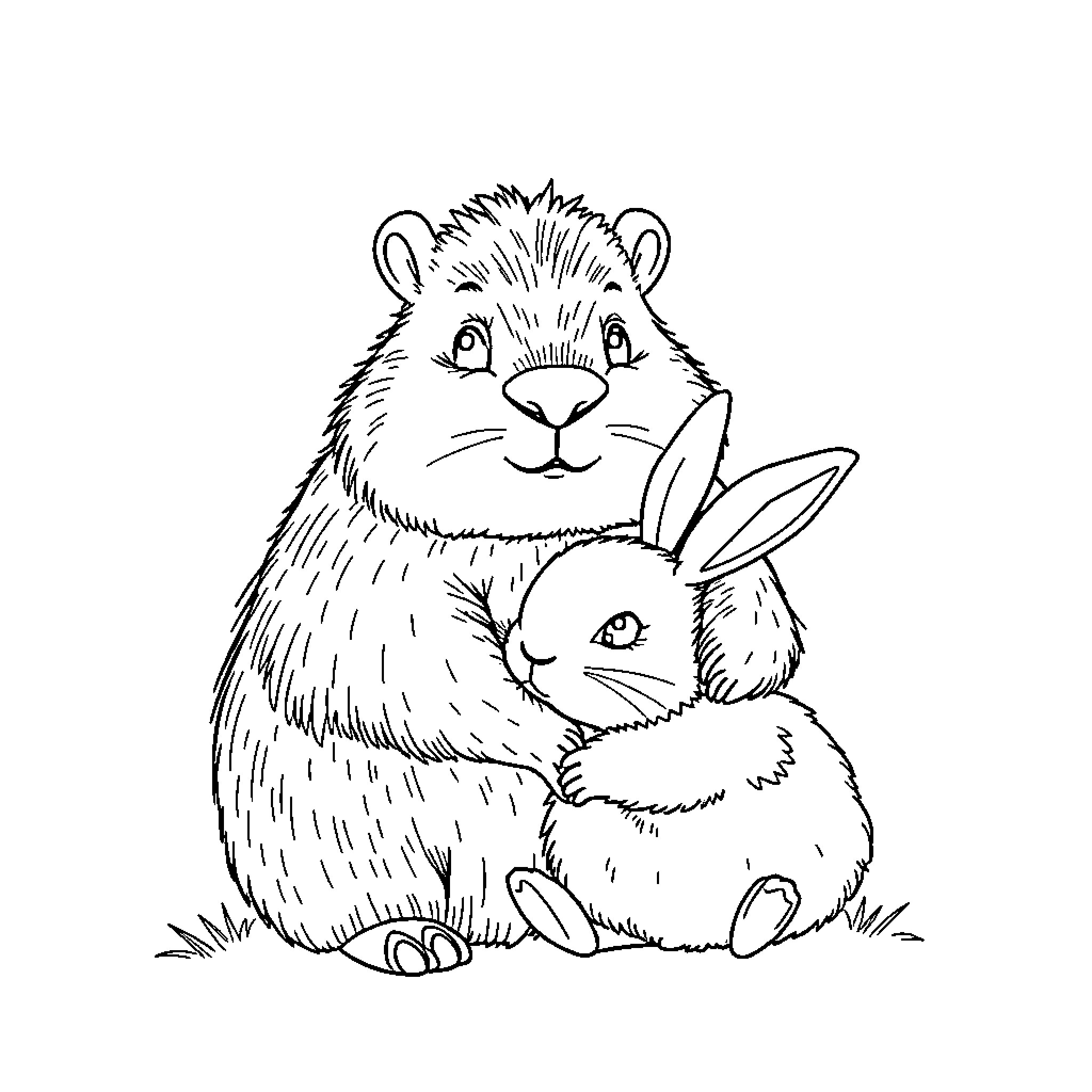 Capybara and Rabbit Enjoying Each Other's Company Coloring Page (free black-and-white line drawing printable PDF for all, from beginners to advanced learners, including children, teens, adults, and seniors)
