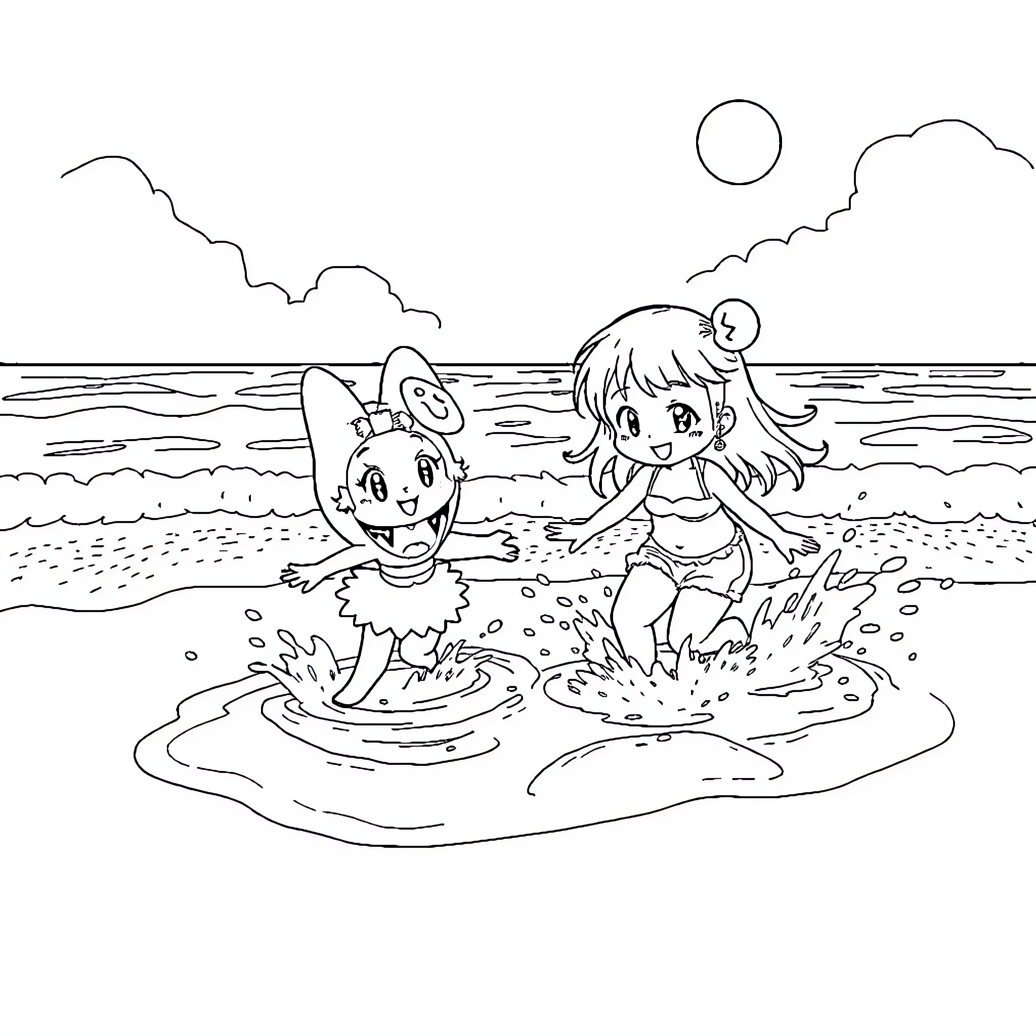 Melody's Splashing Beach Adventure Coloring Page (free black-and-white line drawing printable PDF for all, from beginners to advanced learners, including children, teens, adults, and seniors)