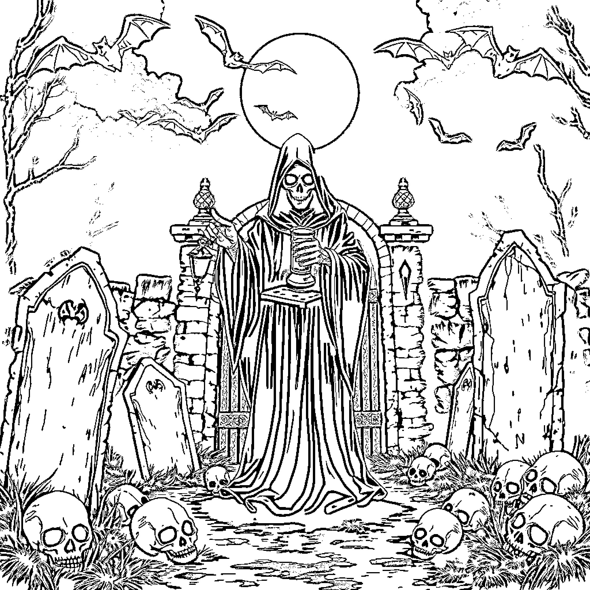 Grim Reaper standing ominously in a spooky graveyard Coloring Page (free black-and-white line drawing printable PDF for all, from beginners to advanced learners, including children, teens, adults, and seniors)