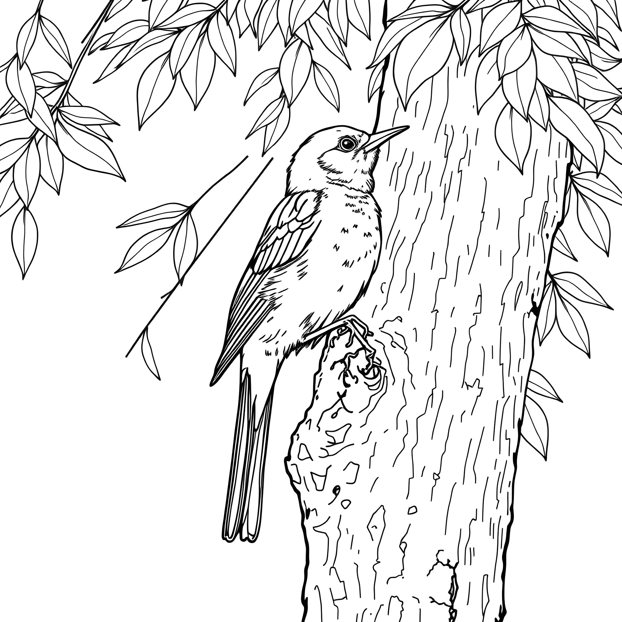 Tanager perching on tree trunk amidst foliage Coloring Page (free black-and-white line drawing printable PDF for all, from beginners to advanced learners, including children, teens, adults, and seniors)