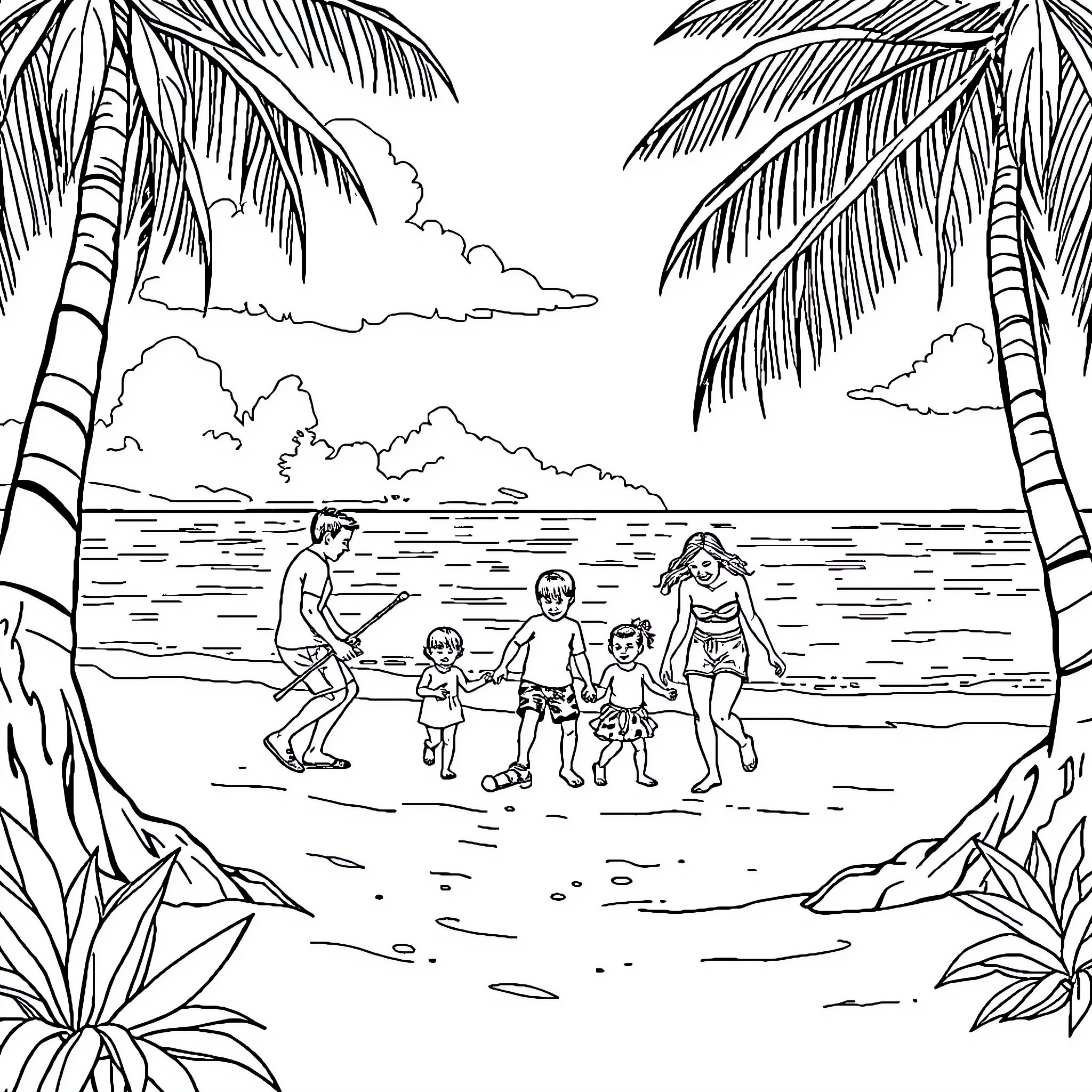 Family Enjoying a Day at the Beach Coloring Page (free black-and-white line drawing printable PDF for all, from beginners to advanced learners, including children, teens, adults, and seniors)