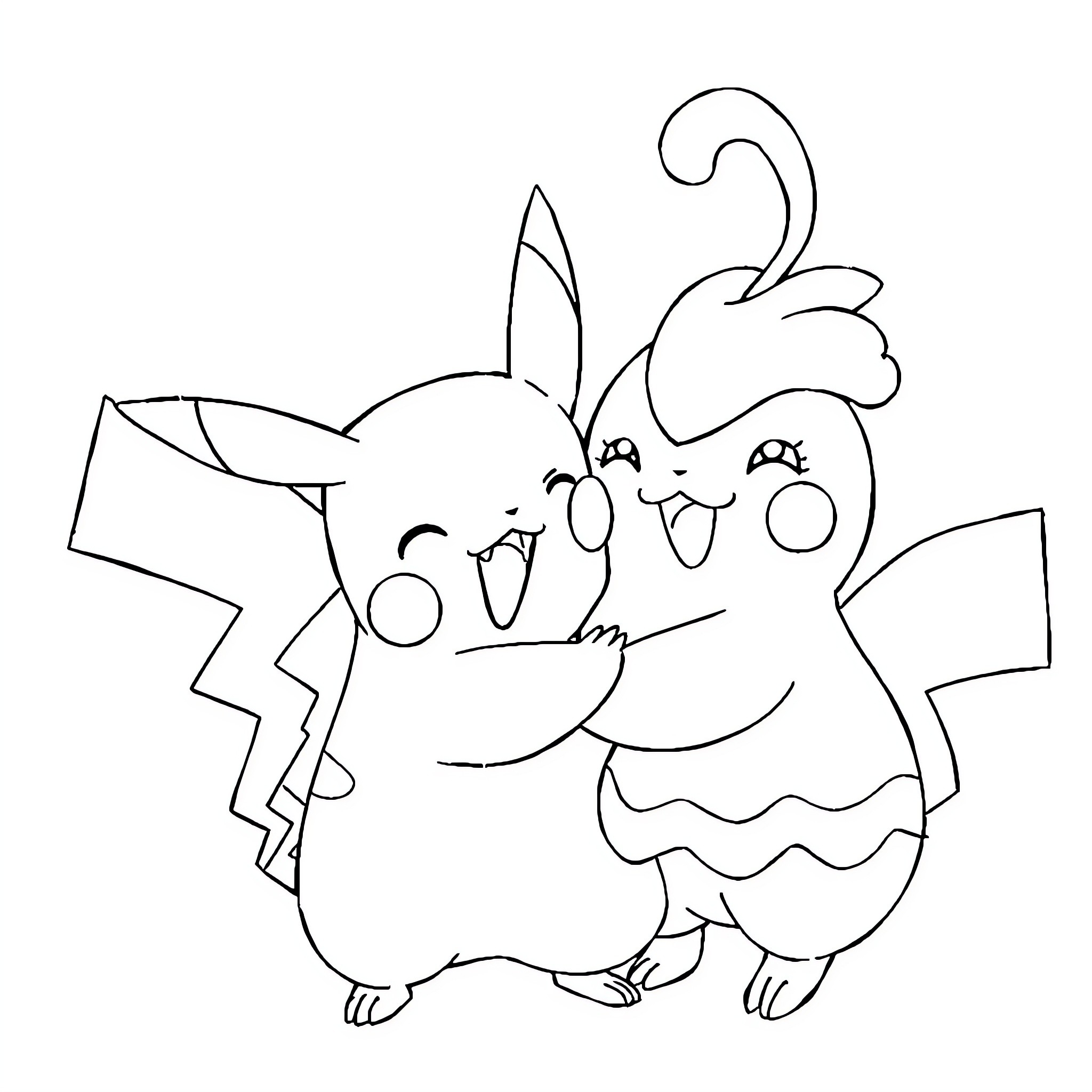 Pikachu happily expressing emotions Coloring Page (free black-and-white line drawing printable PDF for all, from beginners to advanced learners, including children, teens, adults, and seniors)