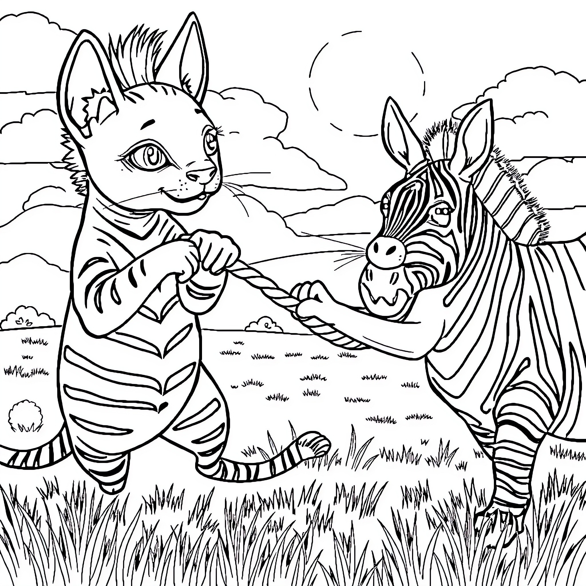 Cat interacting with zebra in a grassy field Coloring Page (free black-and-white line drawing printable PDF for all, from beginners to advanced learners, including children, teens, adults, and seniors)