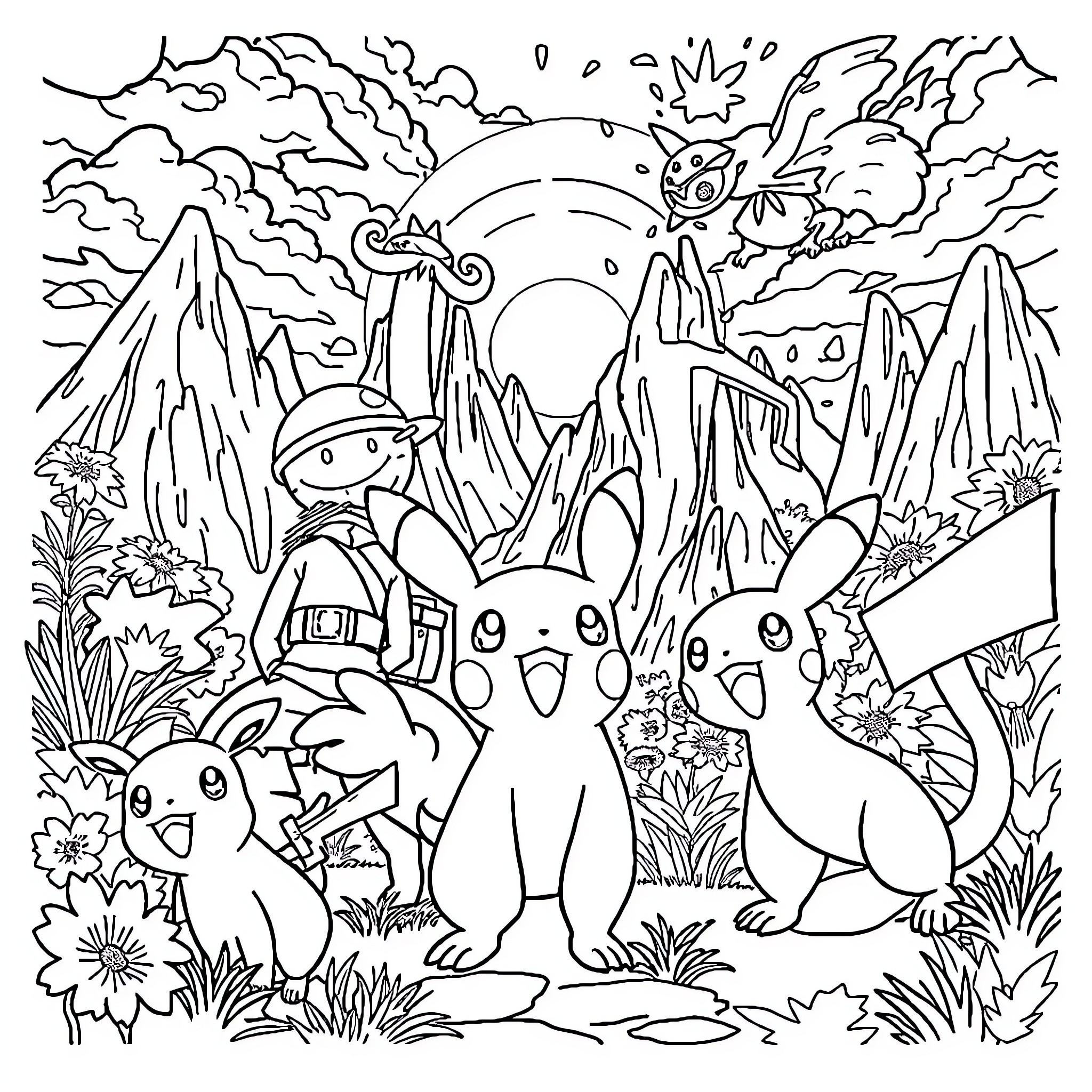 Pokémon characters in a fantasy landscape Coloring Page (free black-and-white line drawing printable PDF for all, from beginners to advanced learners, including children, teens, adults, and seniors)