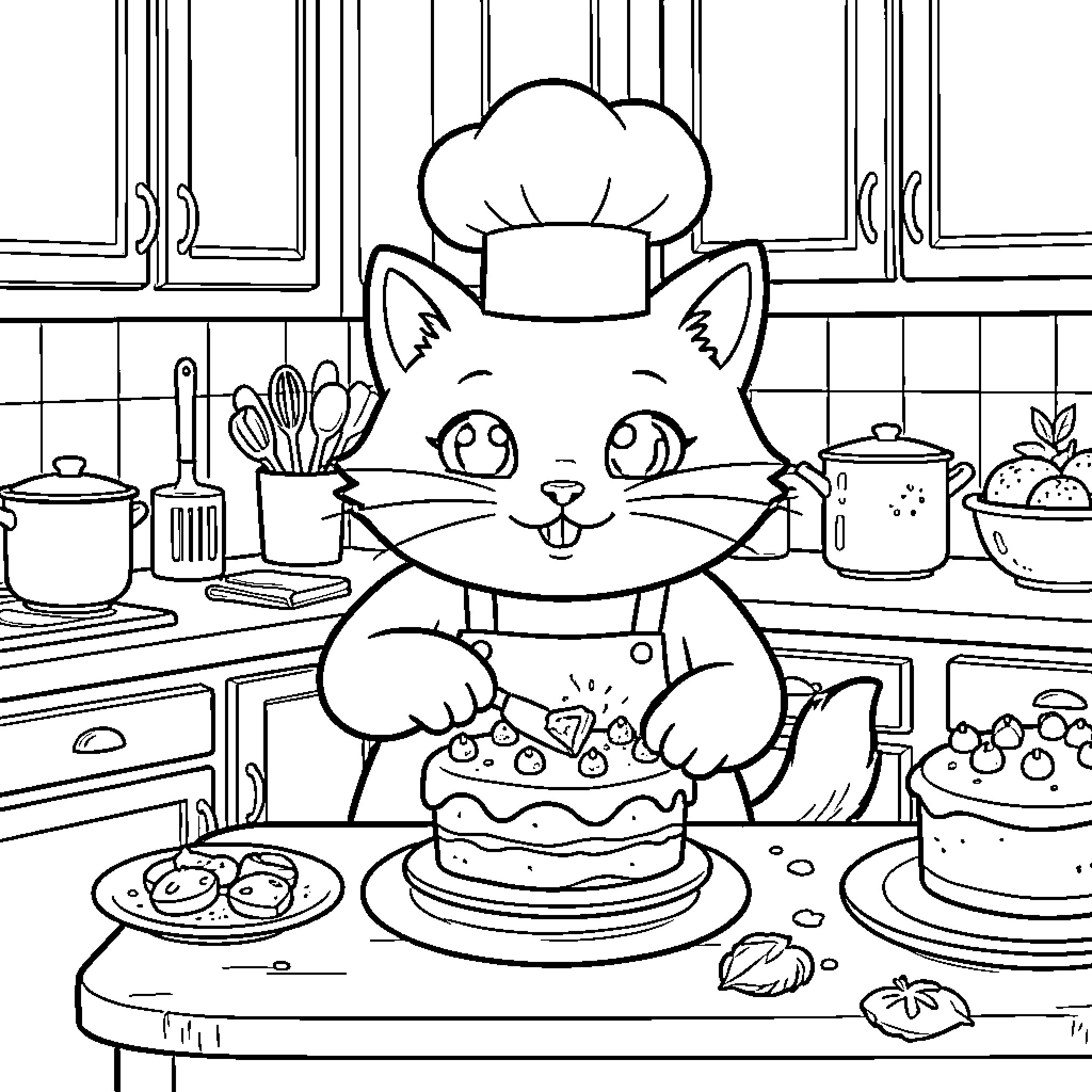 Gato the Chef Making Delicious Treats in the Kitchen Coloring Page (free black-and-white line drawing printable PDF for all, from beginners to advanced learners, including children, teens, adults, and seniors)