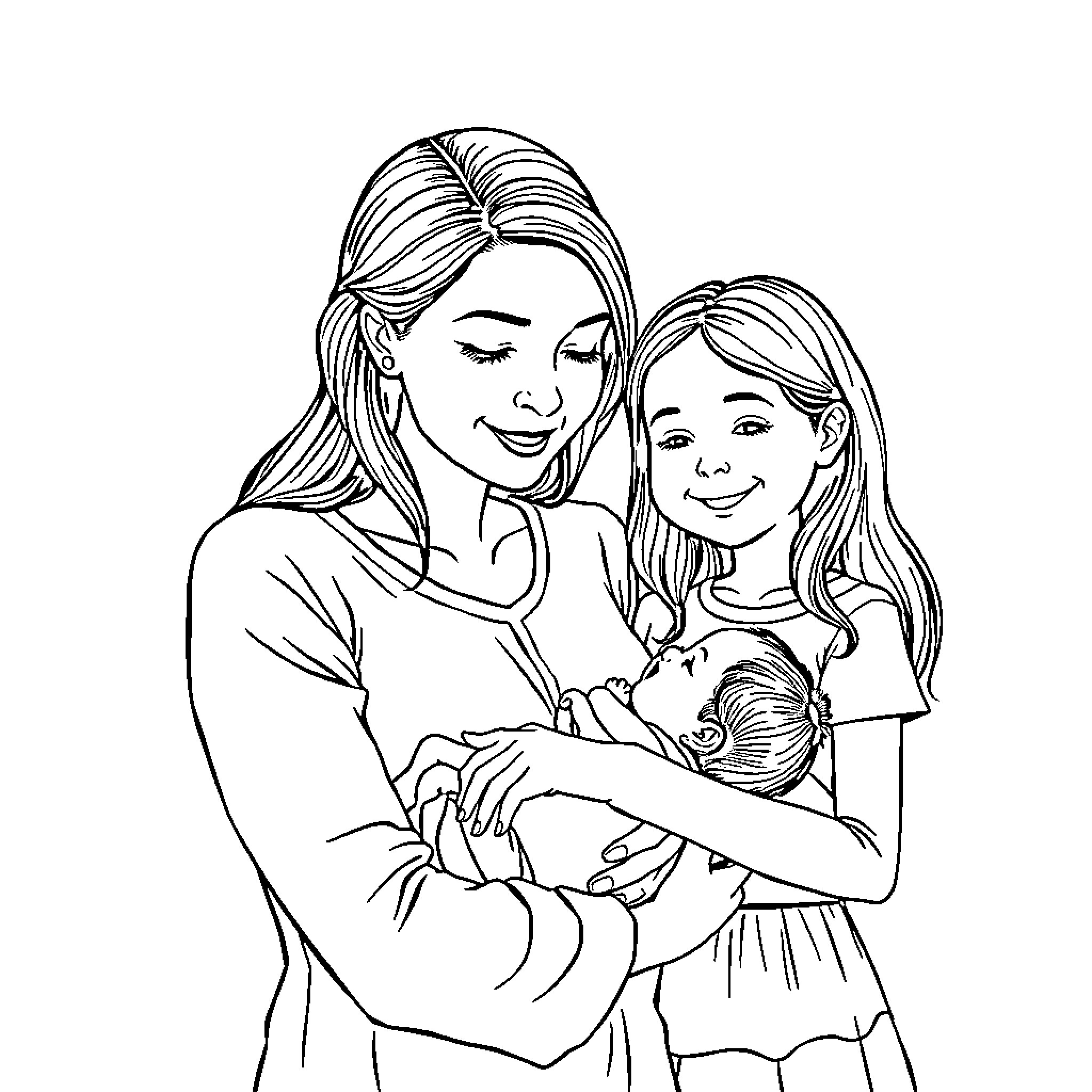 Woman and girls in loving embrace Coloring Page (free black-and-white line drawing printable PDF for all, from beginners to advanced learners, including children, teens, adults, and seniors)