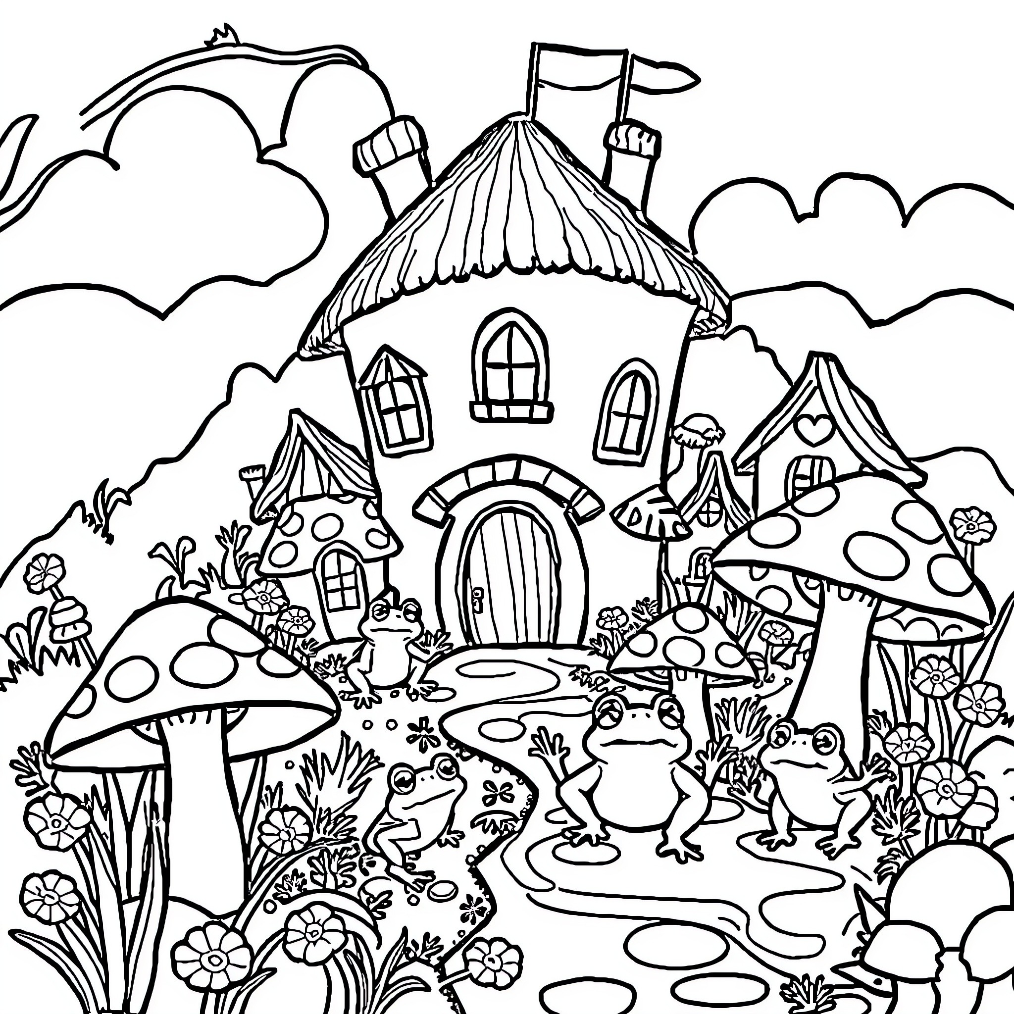 Frog friends gather at the whimsical mushroom village Coloring Page (free black-and-white line drawing printable PDF for all, from beginners to advanced learners, including children, teens, adults, and seniors)