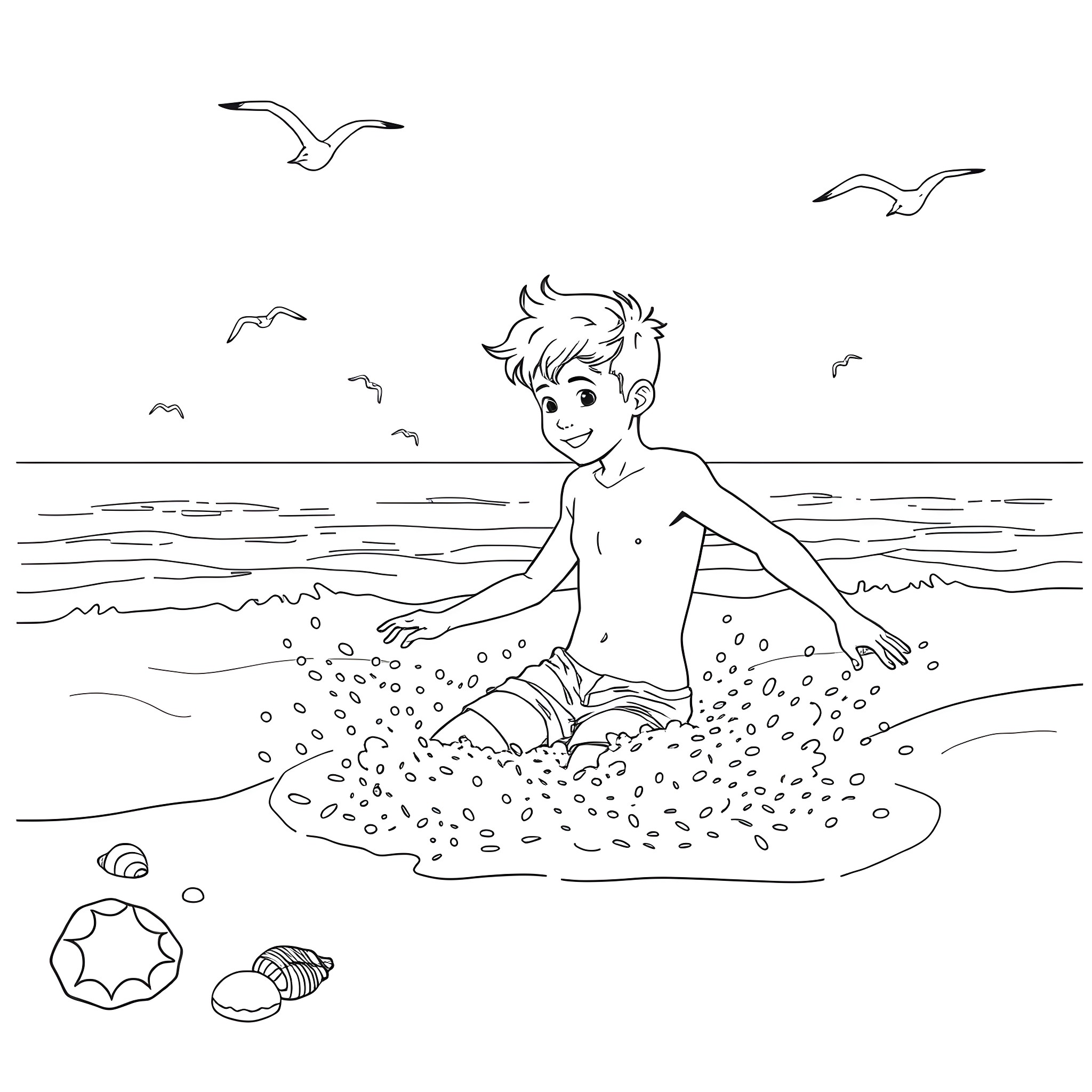 Girl playing in the sand by the beach Coloring Page (free black-and-white line drawing printable PDF for all, from beginners to advanced learners, including children, teens, adults, and seniors)