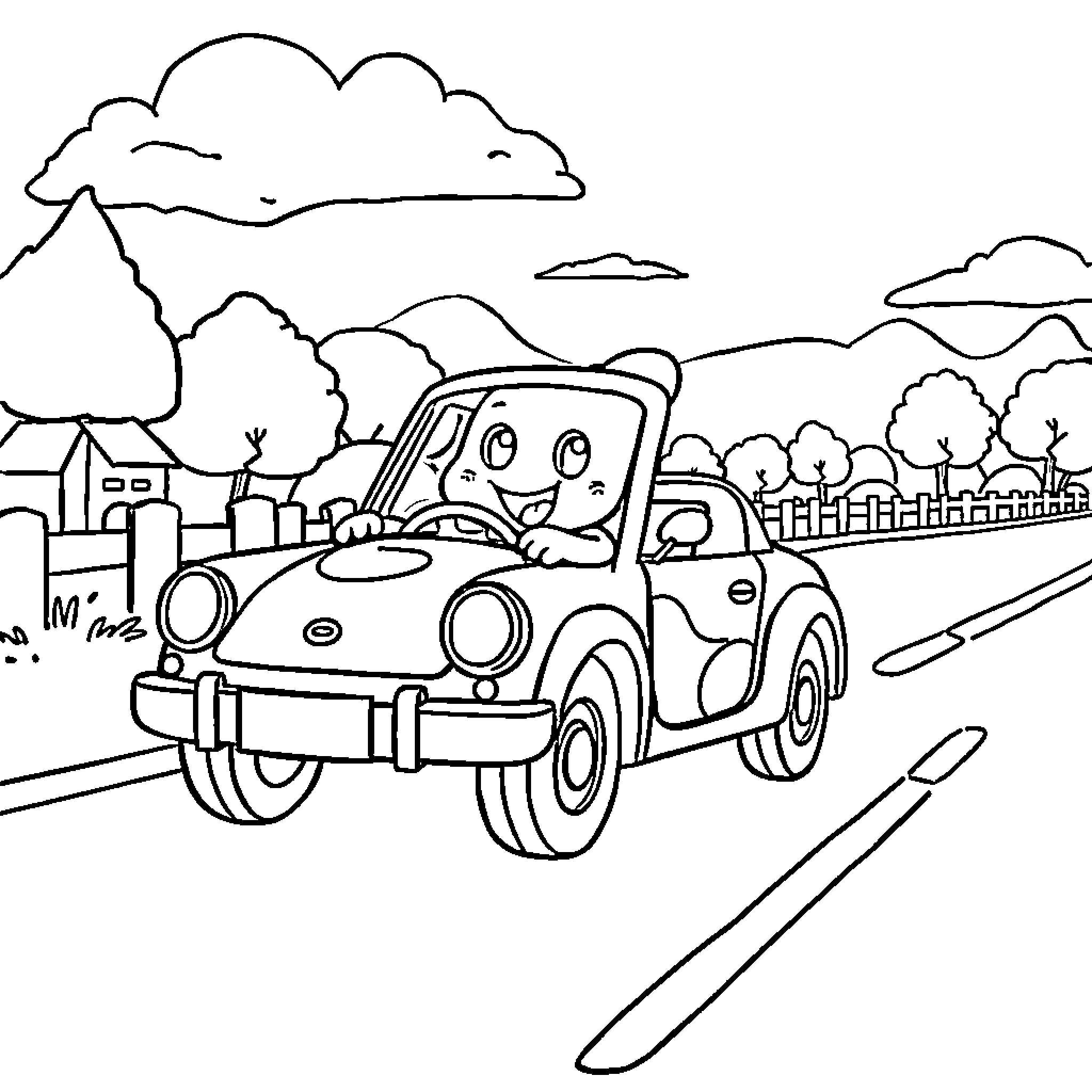 Bluey's Joyful Car Ride Through the Countryside Coloring Page (free black-and-white line drawing printable PDF for all, from beginners to advanced learners, including children, teens, adults, and seniors)