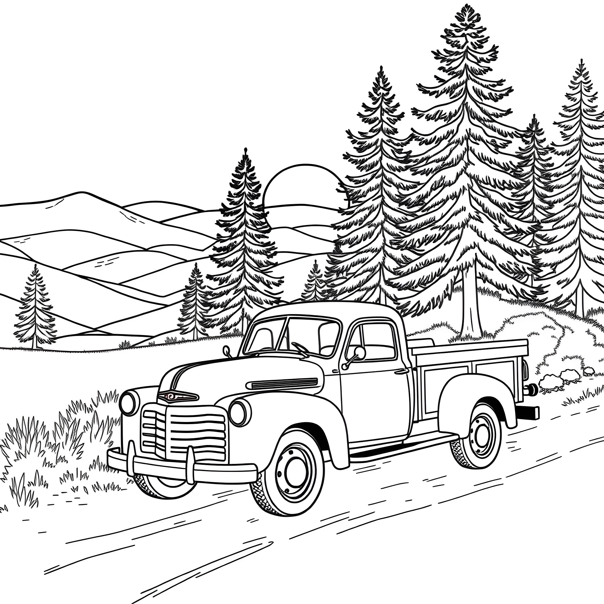 Truck transporting logs through snowy forest landscape Coloring Page (free black-and-white line drawing printable PDF for all, from beginners to advanced learners, including children, teens, adults, and seniors)