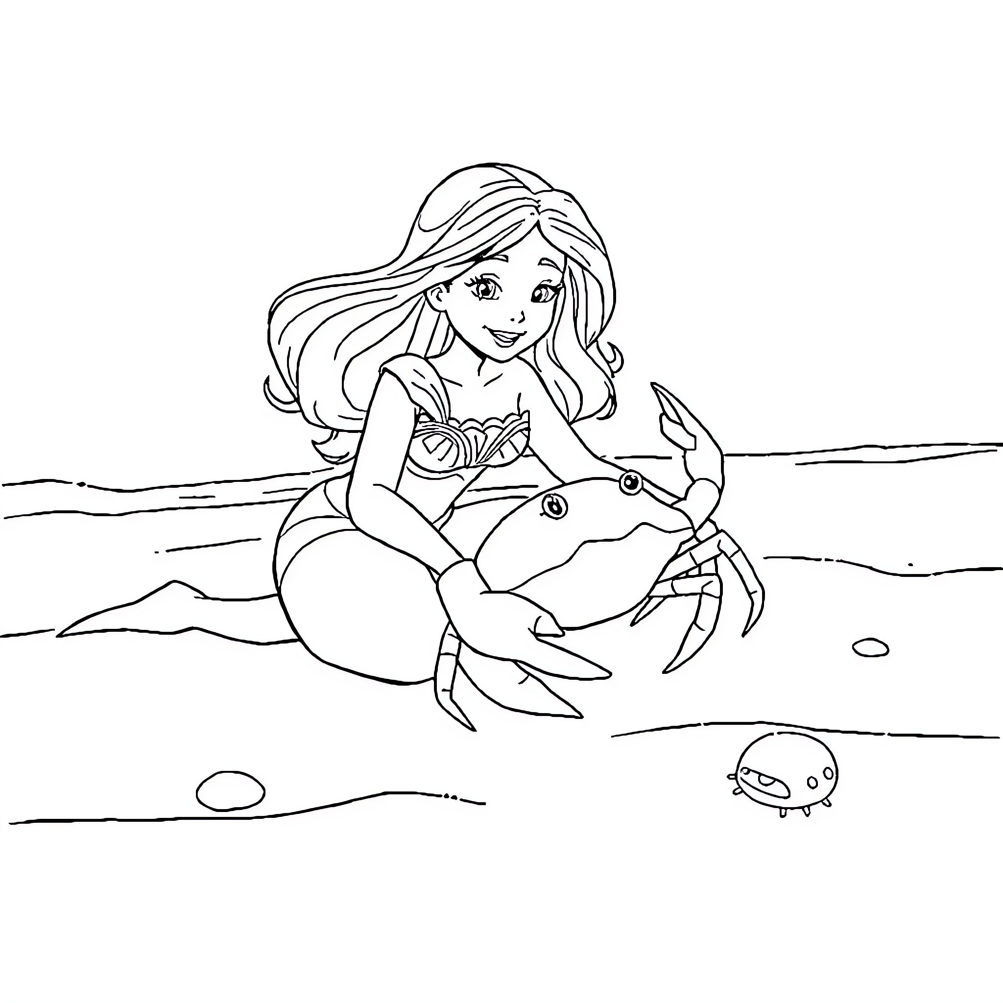 Marie playing with a crab in the ocean Coloring Page (free black-and-white line drawing printable PDF for all, from beginners to advanced learners, including children, teens, adults, and seniors)