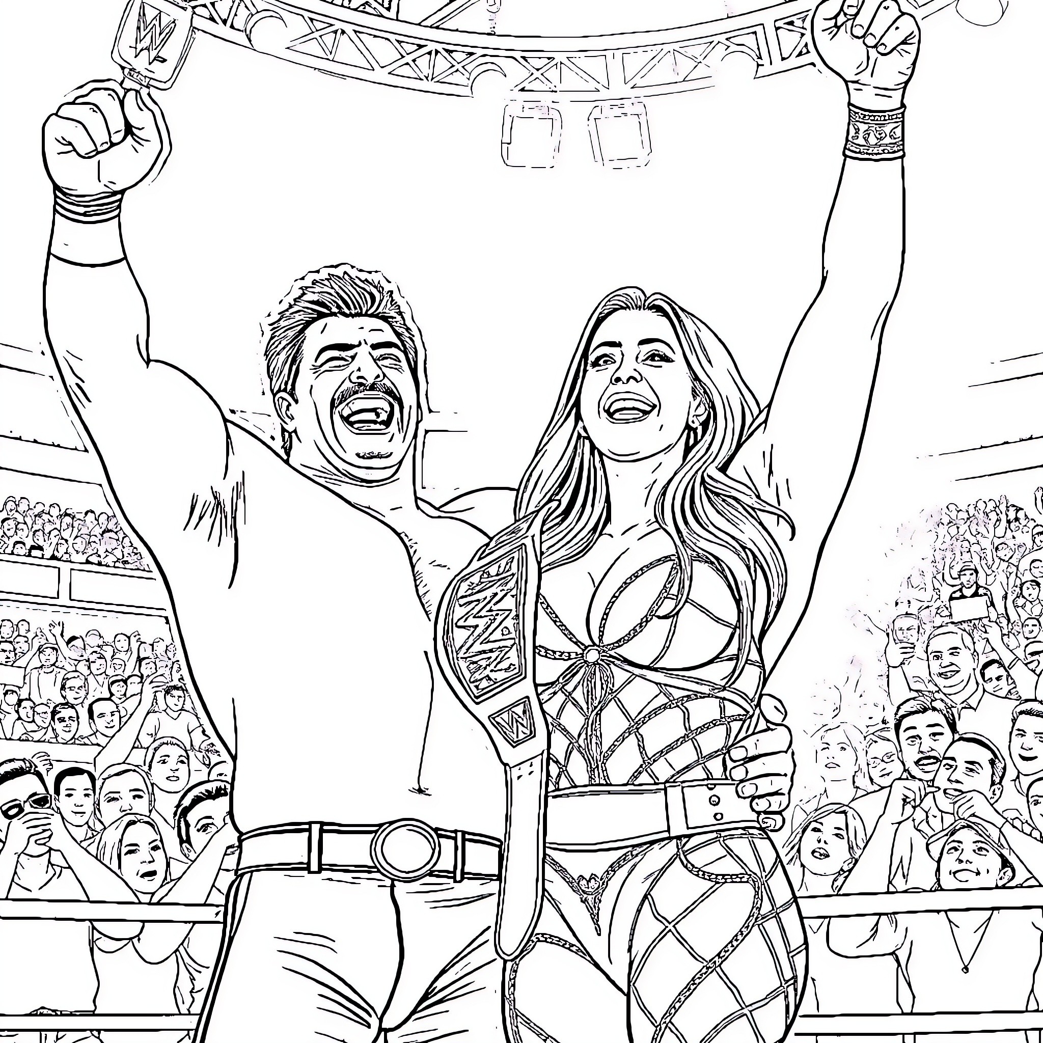 Eddie Guerrero and Female Wrestler Celebrating Victory Coloring Page (free black-and-white line drawing printable PDF for all, from beginners to advanced learners, including children, teens, adults, and seniors)