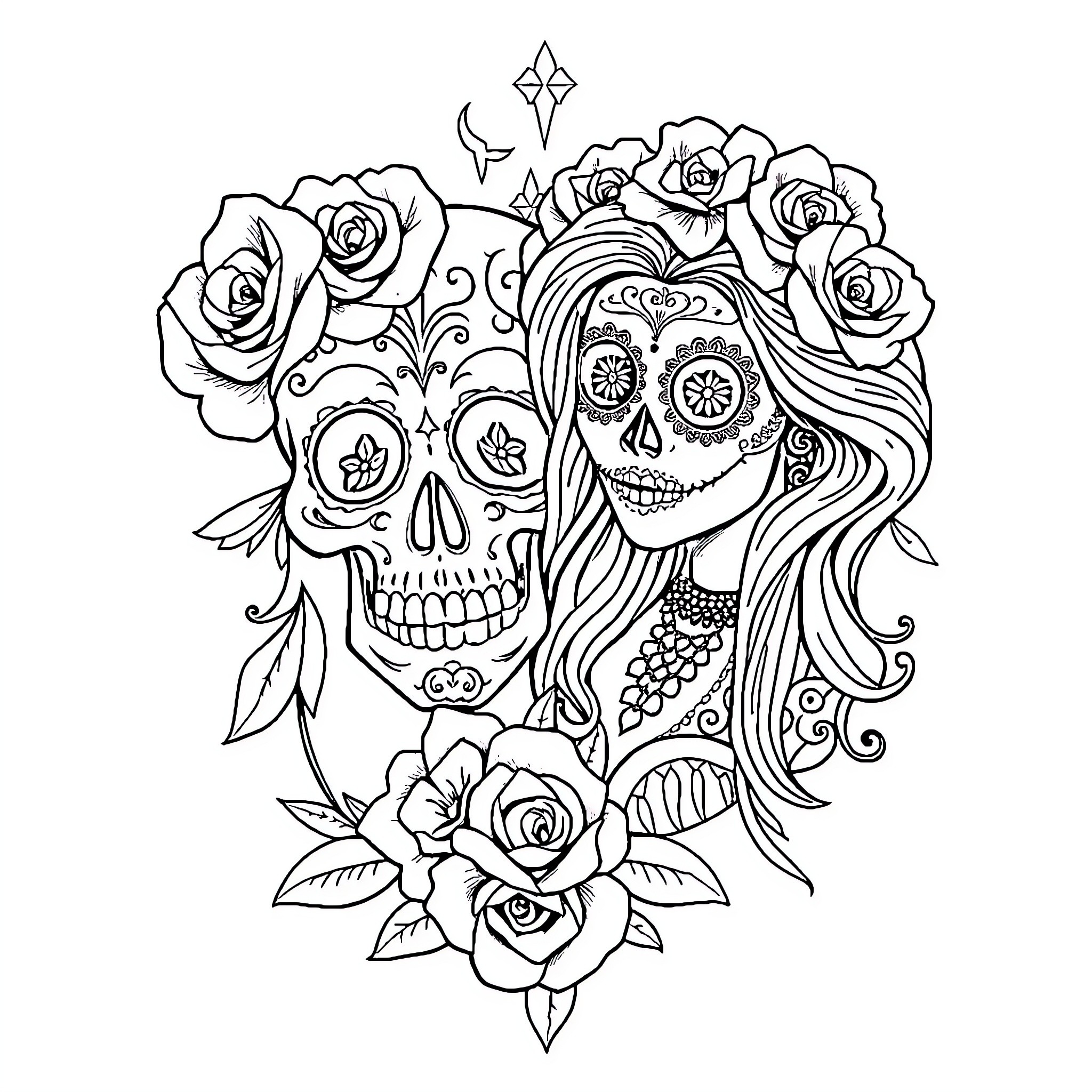 Calavera with Floral Headdress and Roses Coloring Page (free black-and-white line drawing printable PDF for all, from beginners to advanced learners, including children, teens, adults, and seniors)