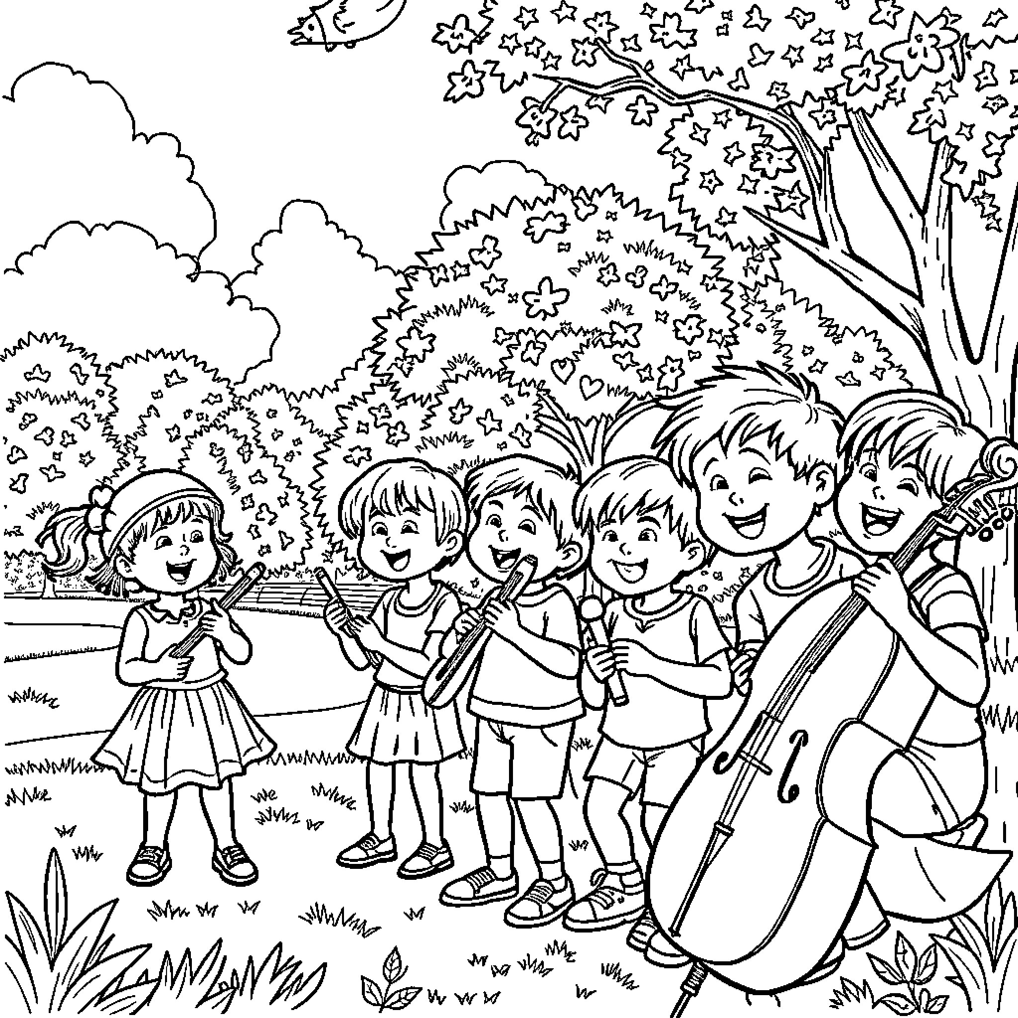 Child musicians performing outdoors in nature Coloring Page (free black-and-white line drawing printable PDF for all, from beginners to advanced learners, including children, teens, adults, and seniors)