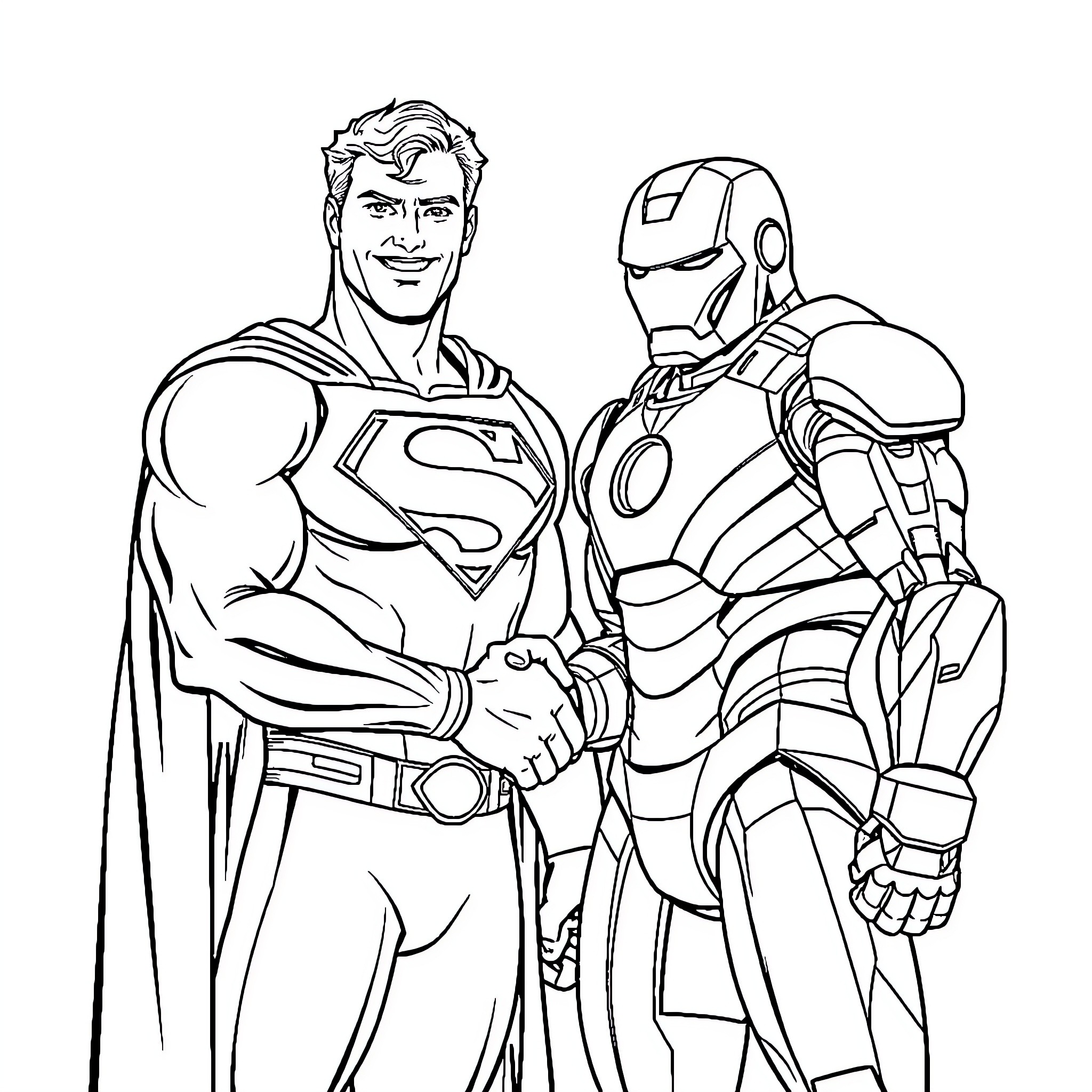Superhero team shaking hands in solidarity Coloring Page (free black-and-white line drawing printable PDF for all, from beginners to advanced learners, including children, teens, adults, and seniors)