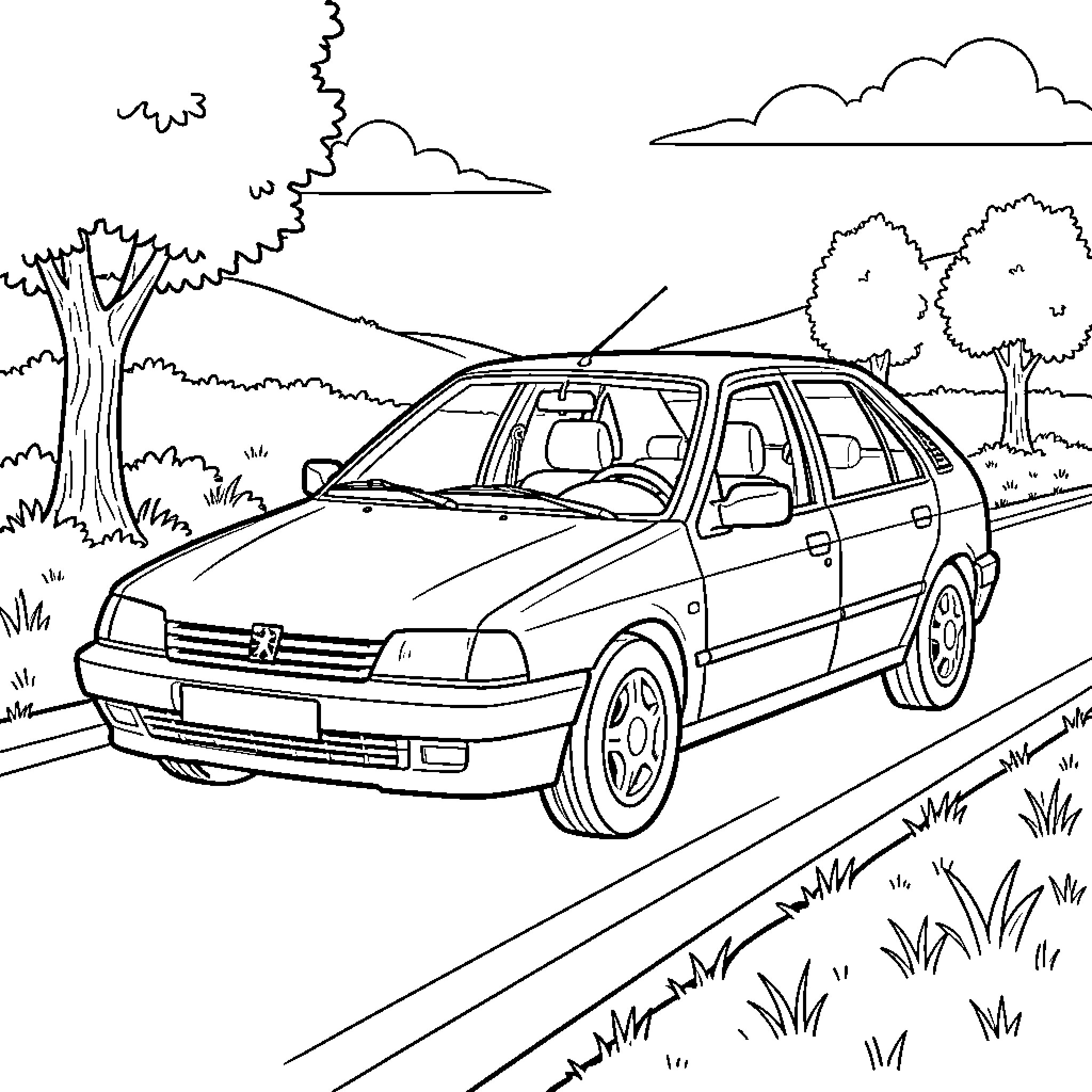 Peugeot 505 driving along a scenic road Coloring Page (free black-and-white line drawing printable PDF for all, from beginners to advanced learners, including children, teens, adults, and seniors)