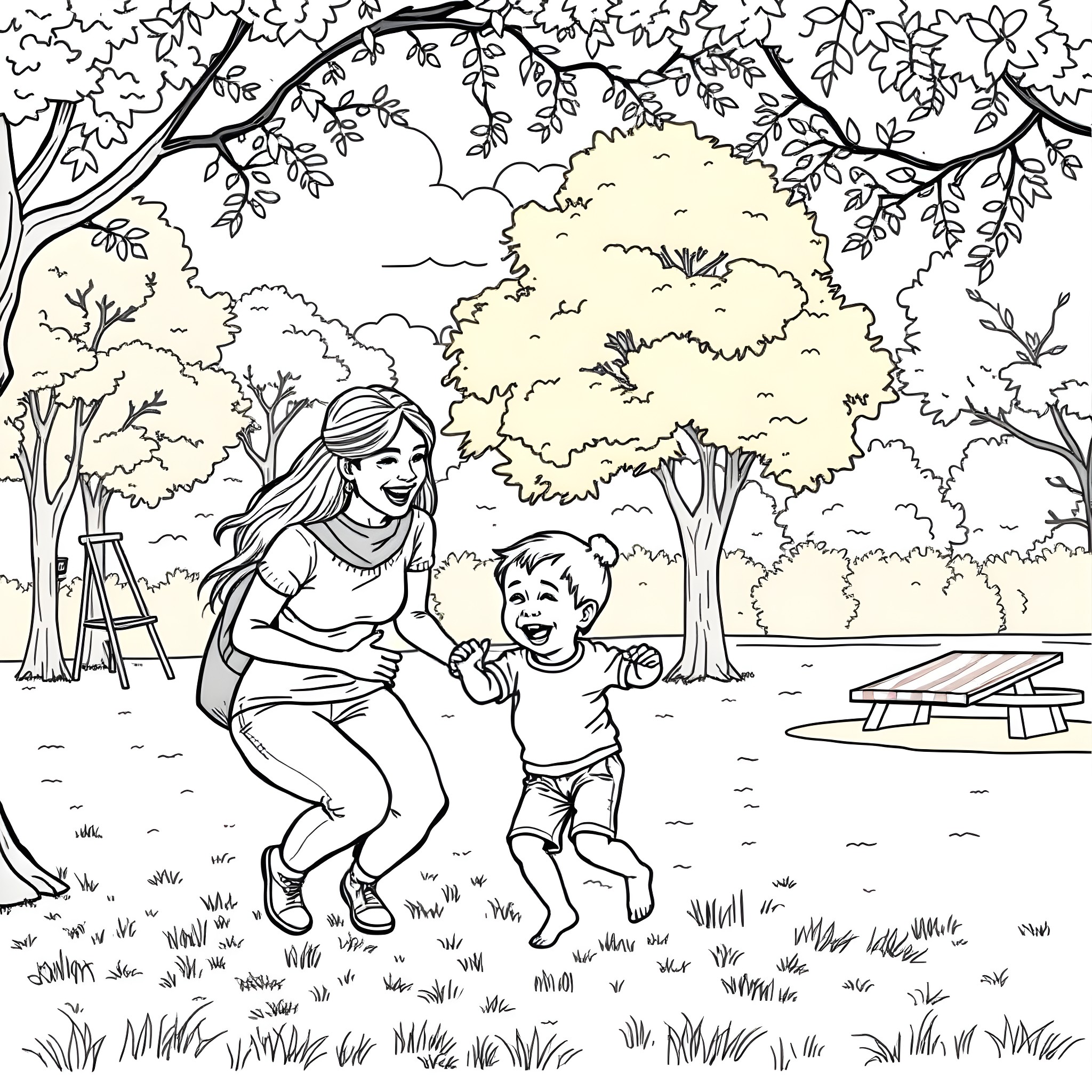Mum and child playing joyfully in park Coloring Page (free black-and-white line drawing printable PDF for all, from beginners to advanced learners, including children, teens, adults, and seniors)