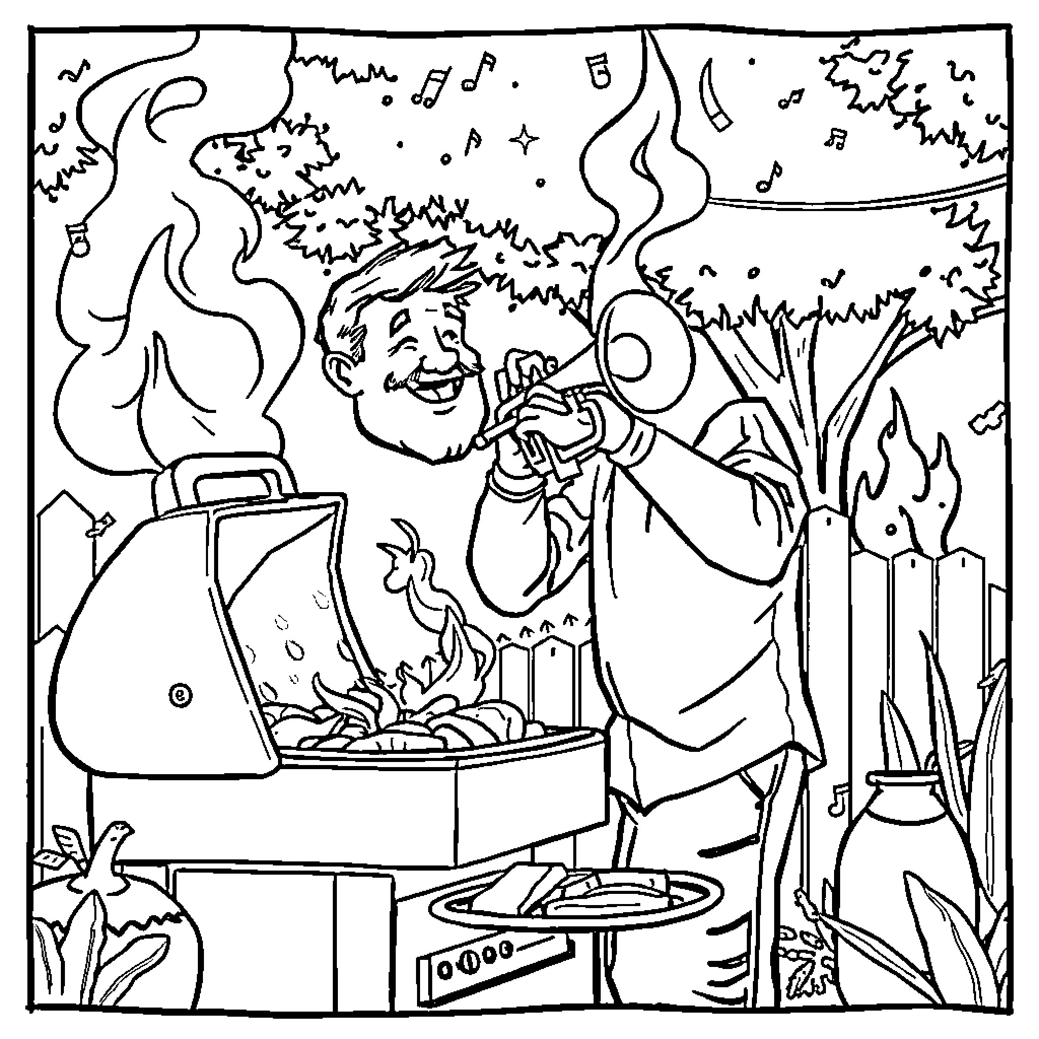 Jonathon Allgeyer grilling outdoors with enthusiasm Coloring Page (free black-and-white line drawing printable PDF for all, from beginners to advanced learners, including children, teens, adults, and seniors)