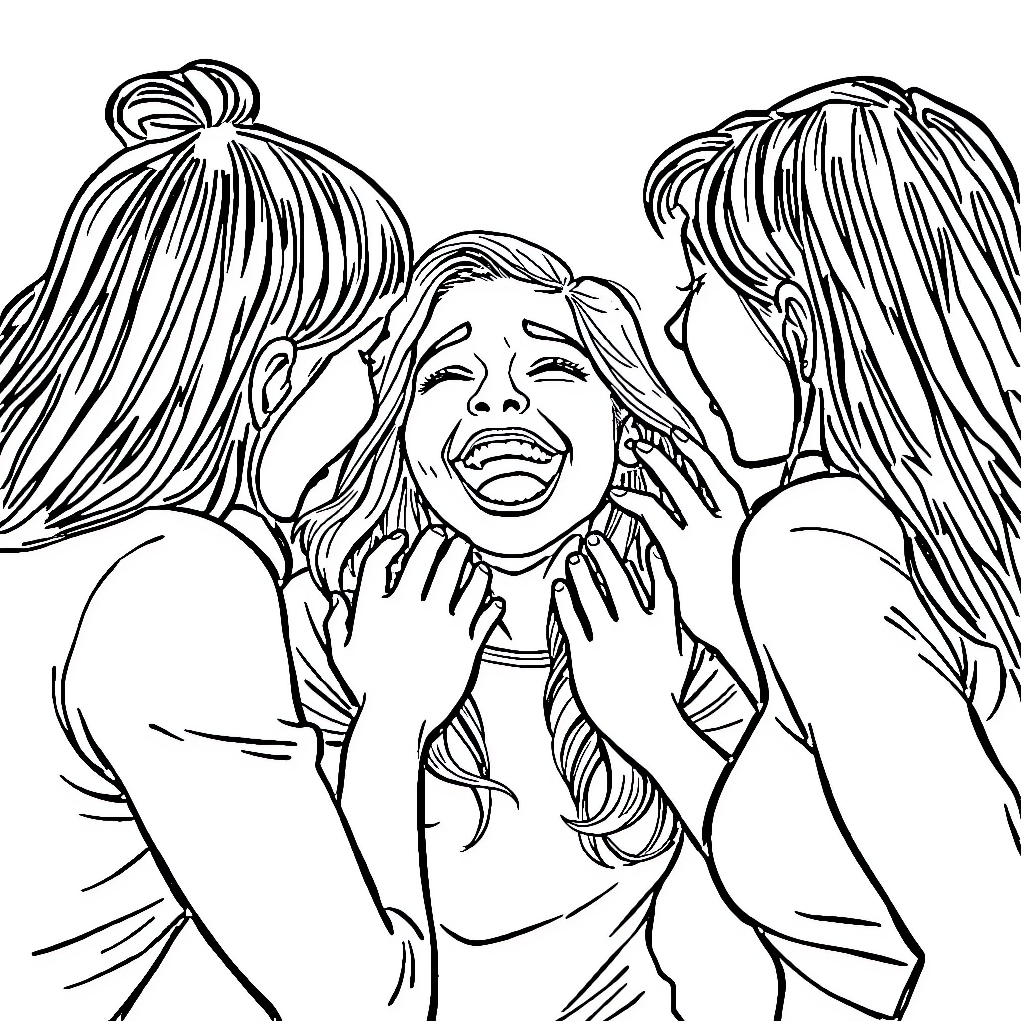 Woman comforting distressed female friend Coloring Page (free black-and-white line drawing printable PDF for all, from beginners to advanced learners, including children, teens, adults, and seniors)