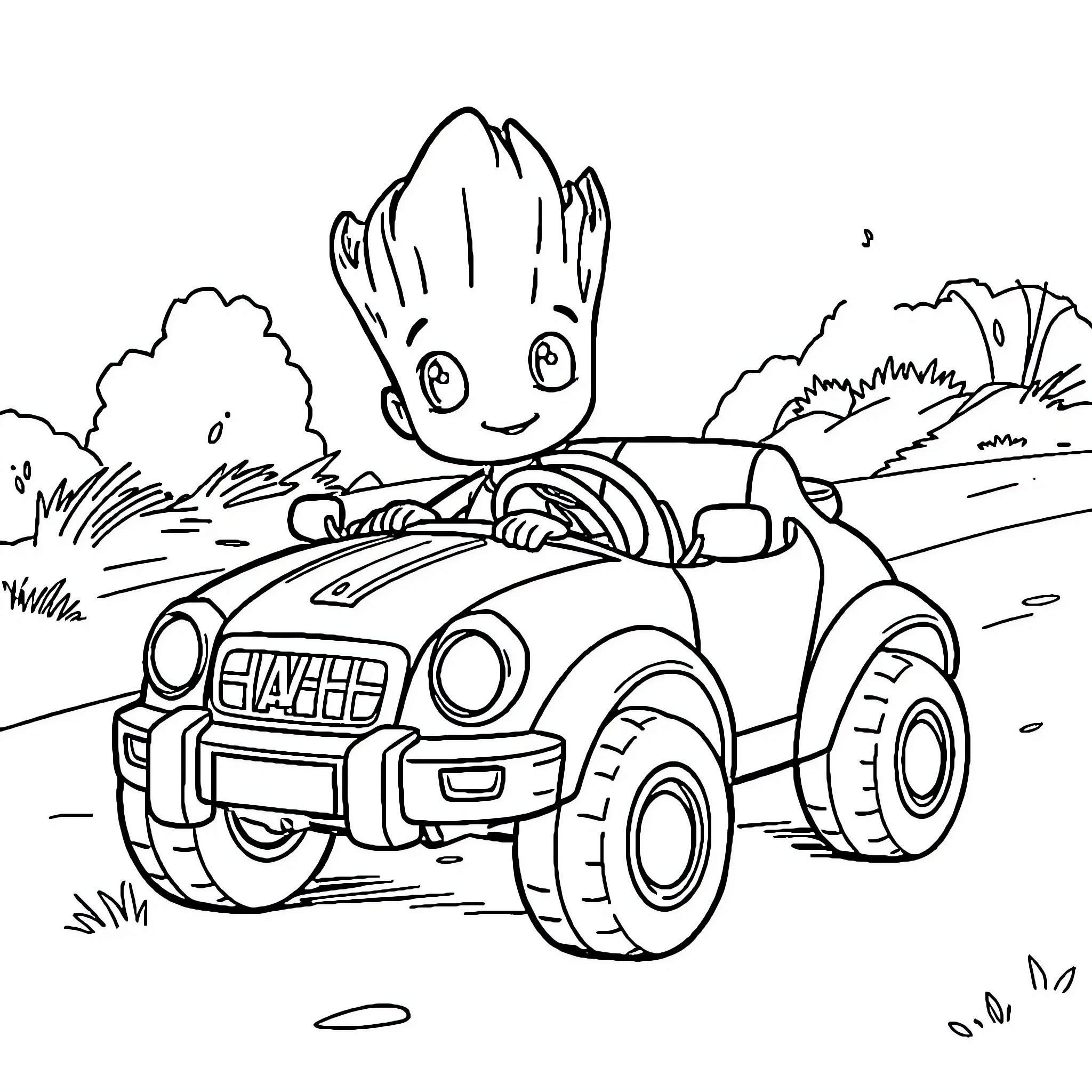 Baby Car Driving Merrily Through the Countryside Coloring Page (free black-and-white line drawing printable PDF for all, from beginners to advanced learners, including children, teens, adults, and seniors)