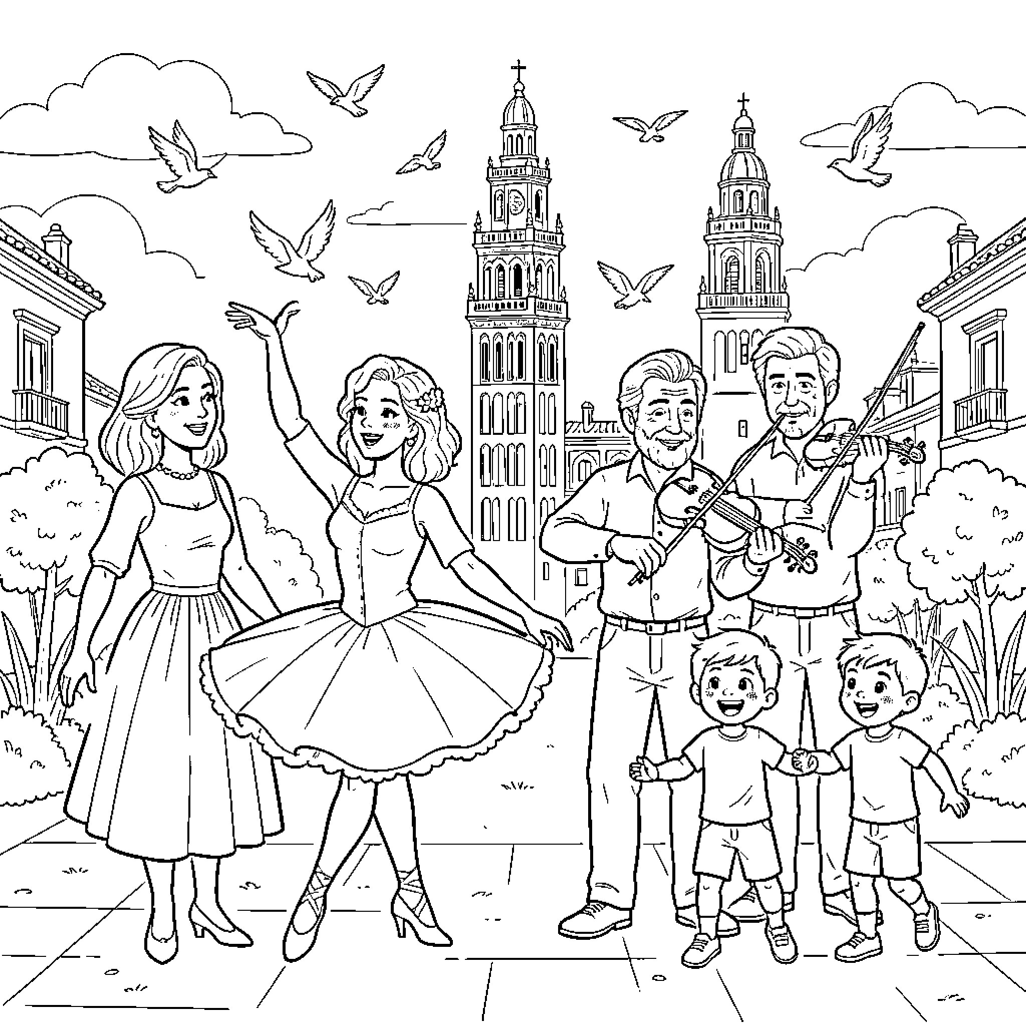 Family watching a ballerina perform on a stage Coloring Page (free black-and-white line drawing printable PDF for all, from beginners to advanced learners, including children, teens, adults, and seniors)