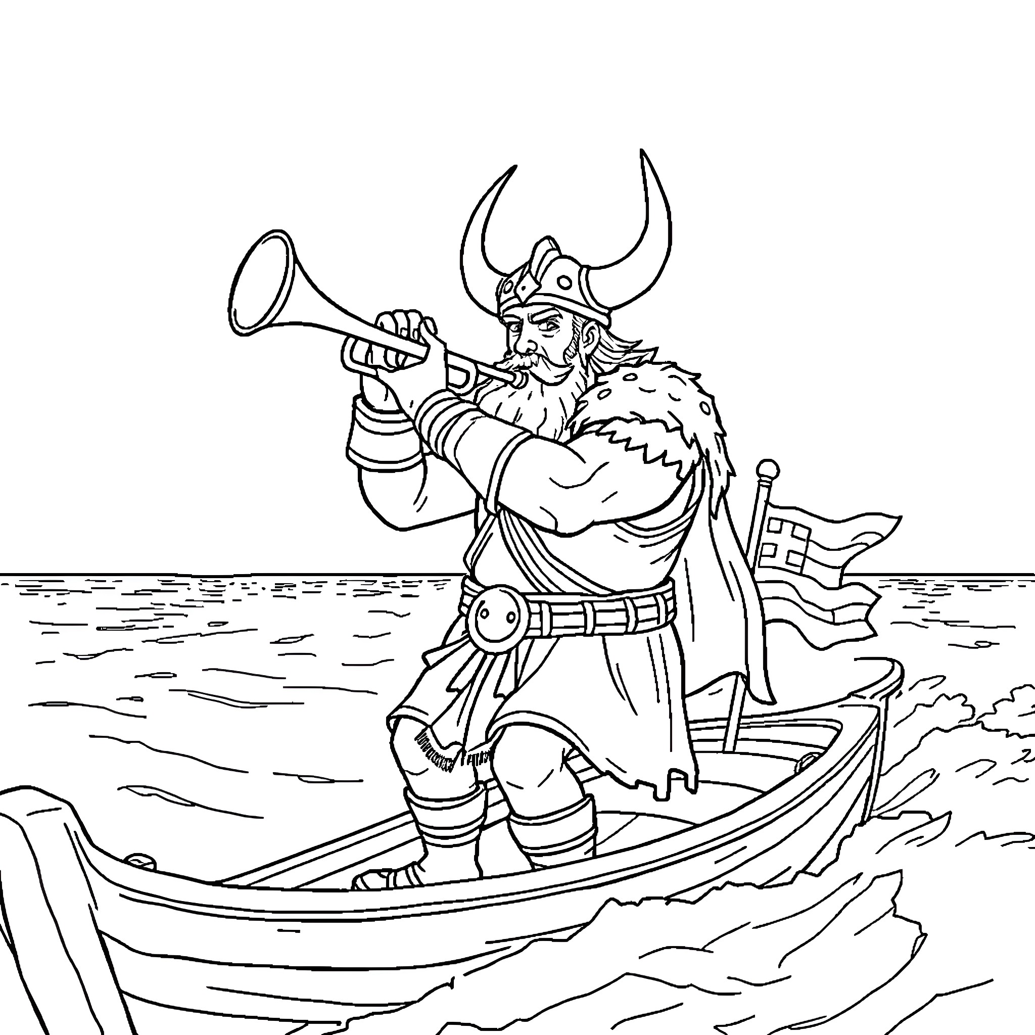 Viking warrior blowing horn in boat on the sea Coloring Page (free black-and-white line drawing printable PDF for all, from beginners to advanced learners, including children, teens, adults, and seniors)