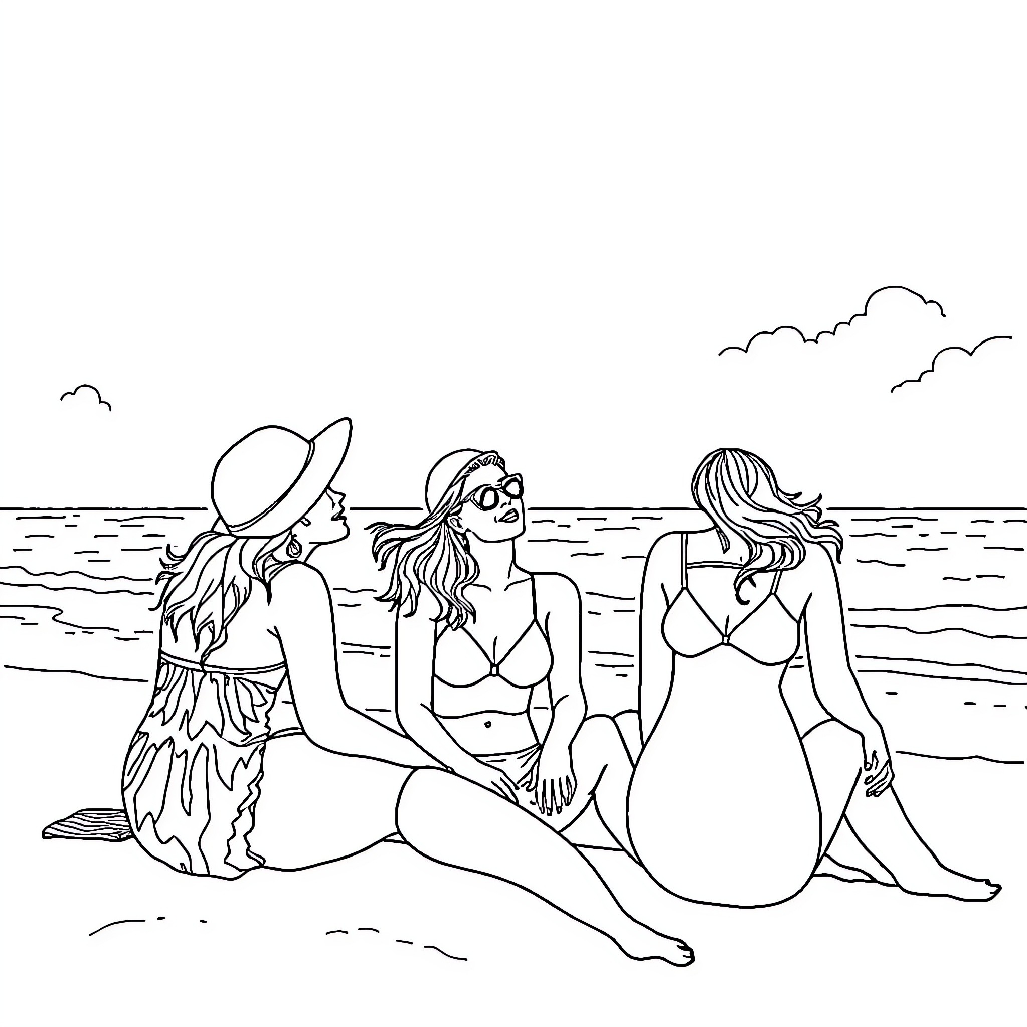 Women enjoying a day at the beach Coloring Page (free black-and-white line drawing printable PDF for all, from beginners to advanced learners, including children, teens, adults, and seniors)