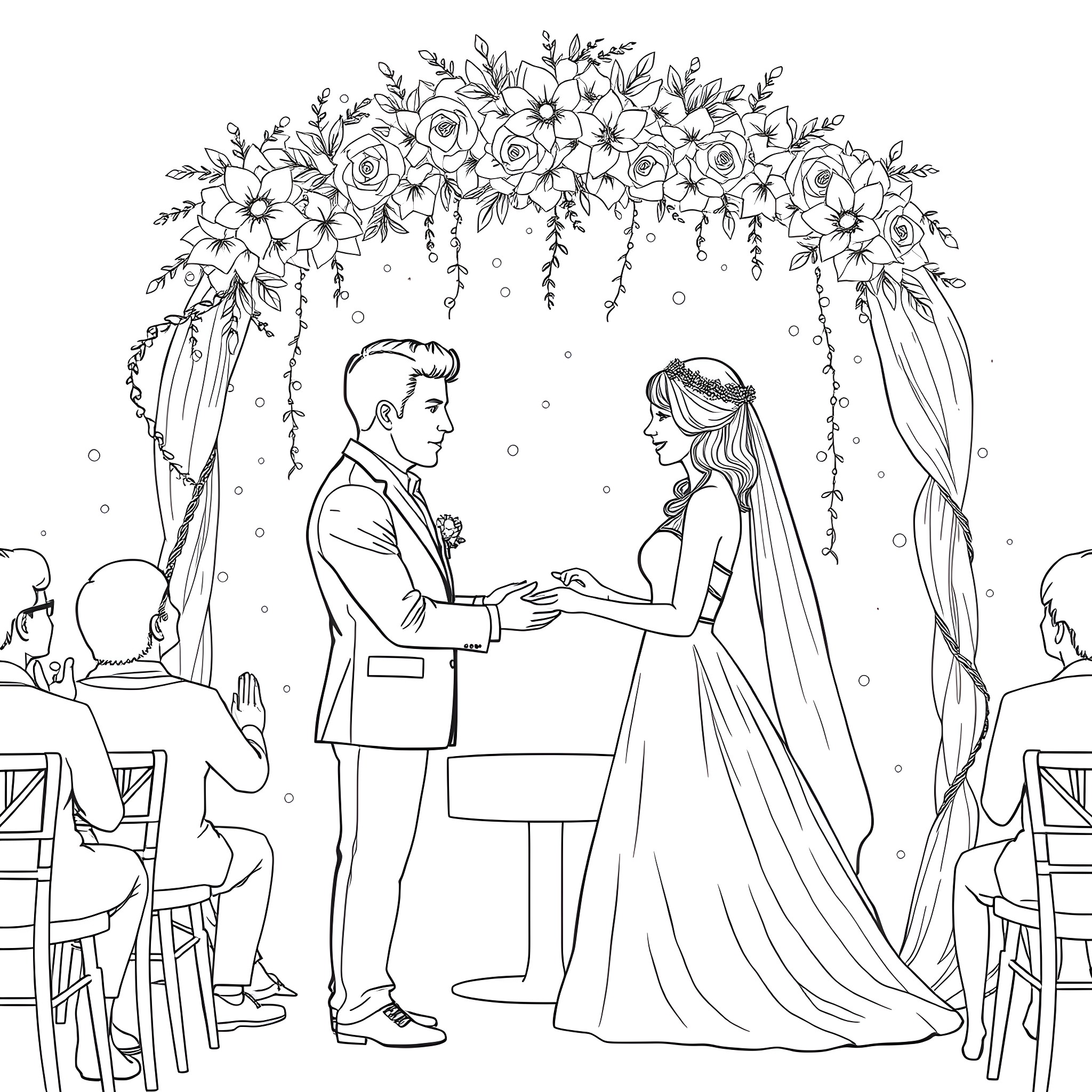 Taylor Swift's Elegant Wedding Ceremony Coloring Page (free black-and-white line drawing printable PDF for all, from beginners to advanced learners, including children, teens, adults, and seniors)