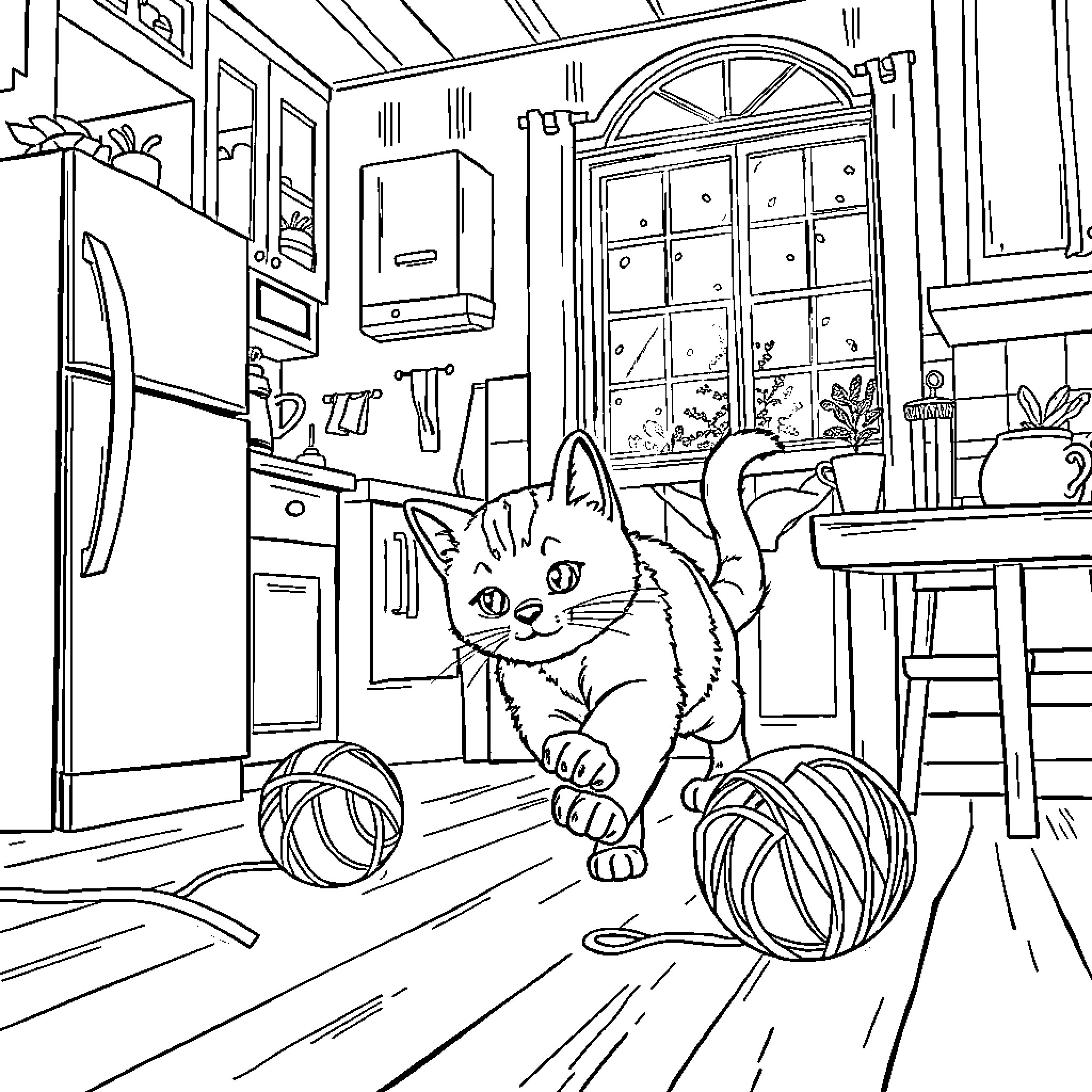 Cat exploring a cozy interior space Coloring Page (free black-and-white line drawing printable PDF for all, from beginners to advanced learners, including children, teens, adults, and seniors)