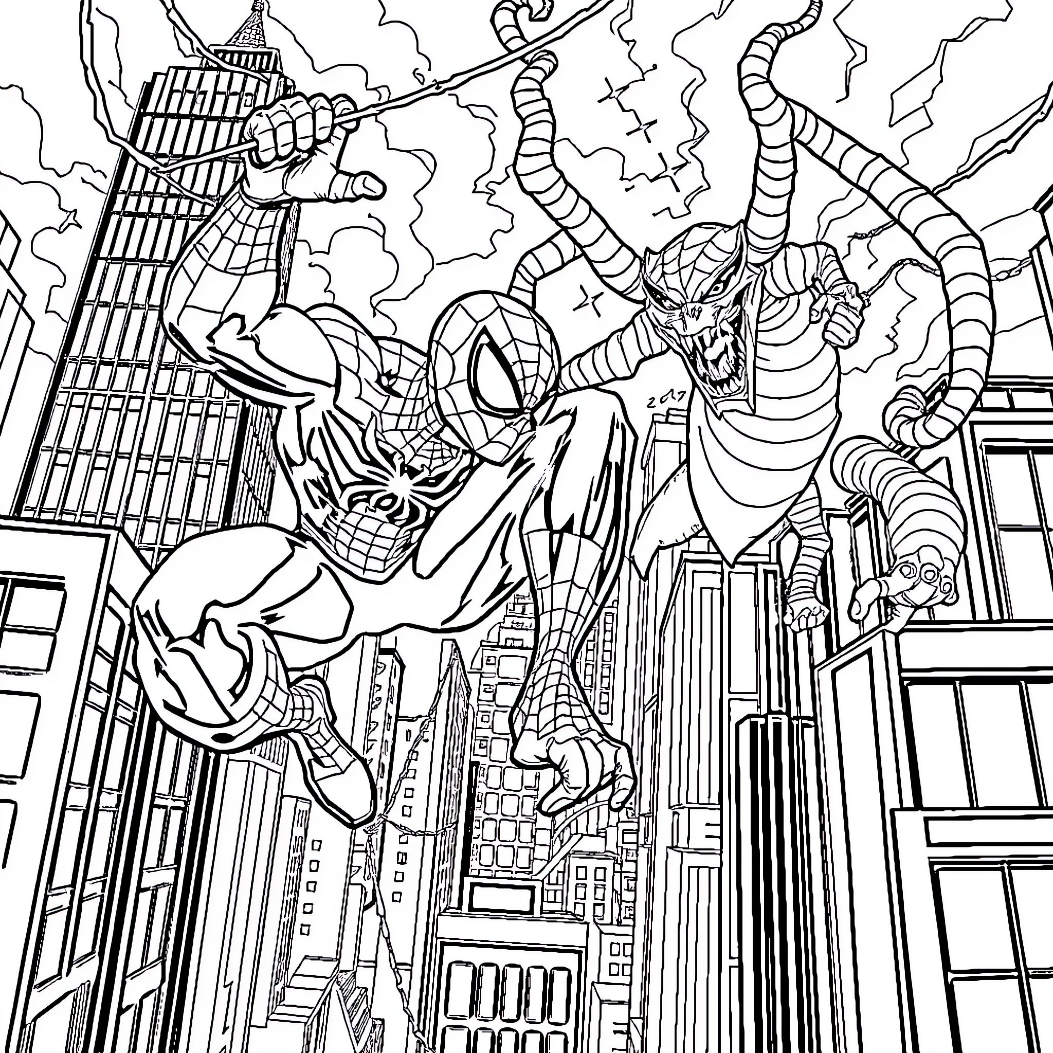 Spiderman swinging through the city during a storm Coloring Page (free black-and-white line drawing printable PDF for all, from beginners to advanced learners, including children, teens, adults, and seniors)