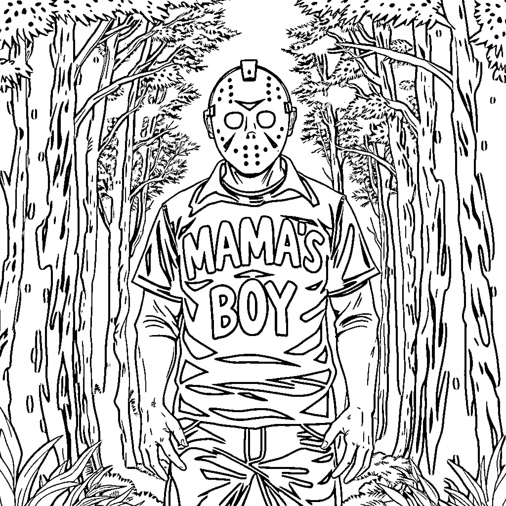 Jason Vorhees Exploring the Eerie Forest Coloring Page (free black-and-white line drawing printable PDF for all, from beginners to advanced learners, including children, teens, adults, and seniors)