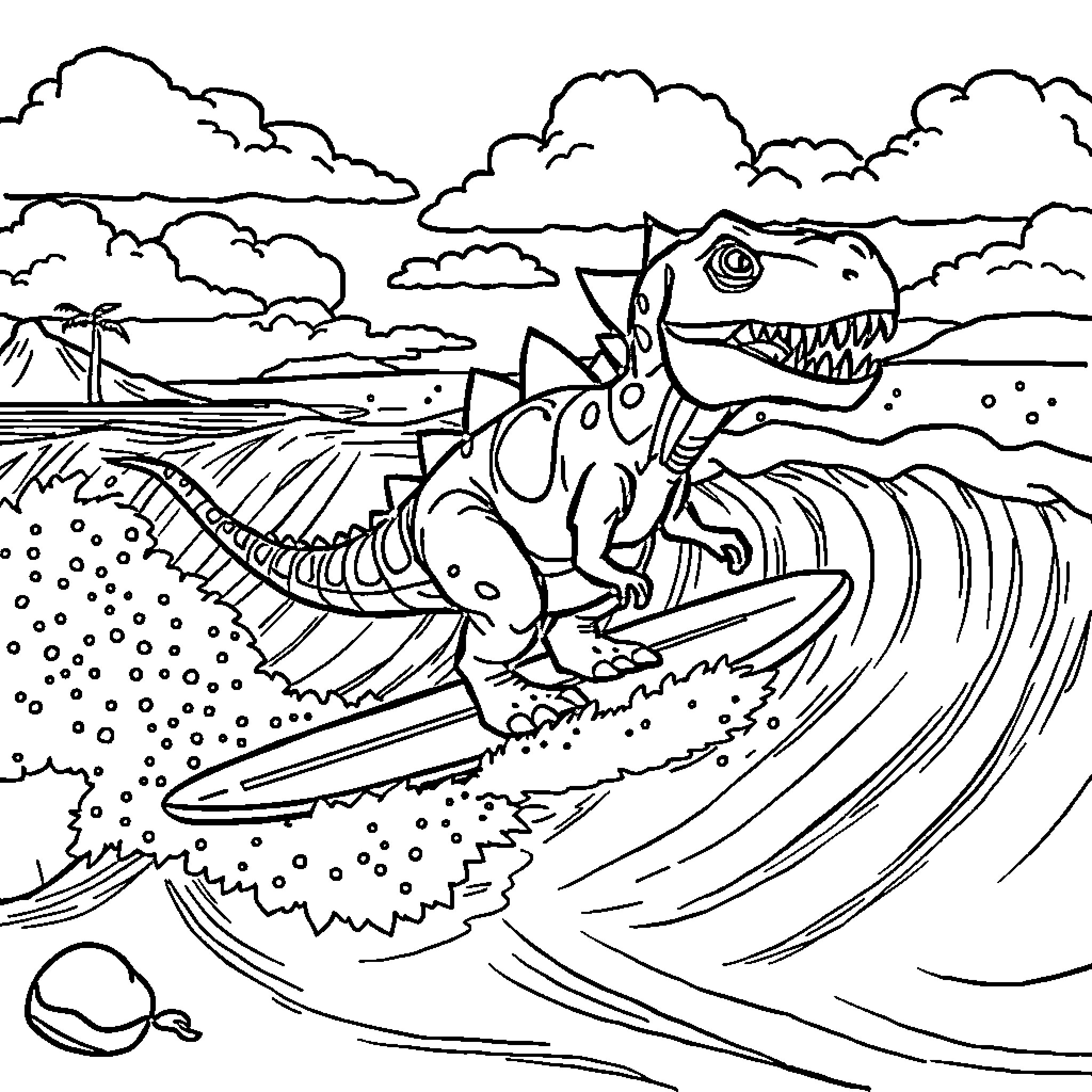 Dinosaur surfing fierce wave in tropical beach scene Coloring Page (free black-and-white line drawing printable PDF for all, from beginners to advanced learners, including children, teens, adults, and seniors)