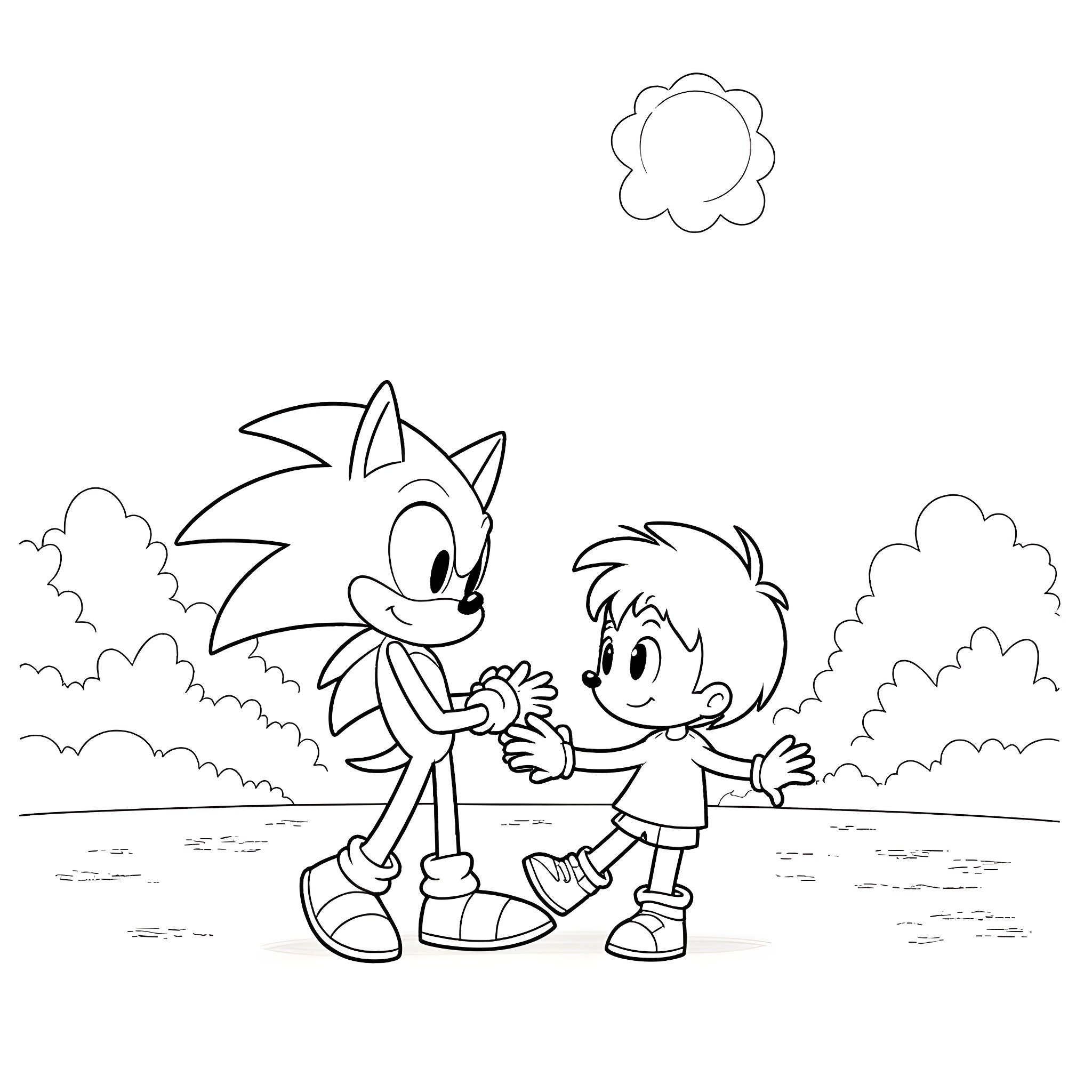 Sonic and friend playing together in the park Coloring Page (free black-and-white line drawing printable PDF for all, from beginners to advanced learners, including children, teens, adults, and seniors)