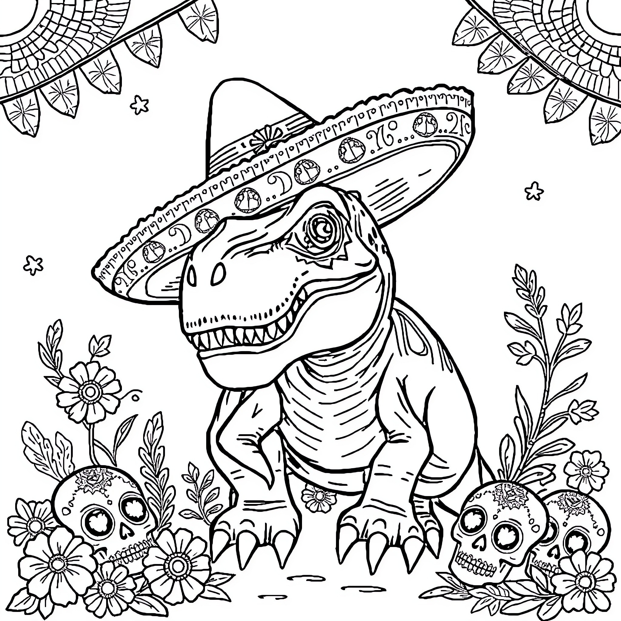 T-Rex Wearing Sombrero Among Flowers and Skulls Coloring Page (free black-and-white line drawing printable PDF for all, from beginners to advanced learners, including children, teens, adults, and seniors)