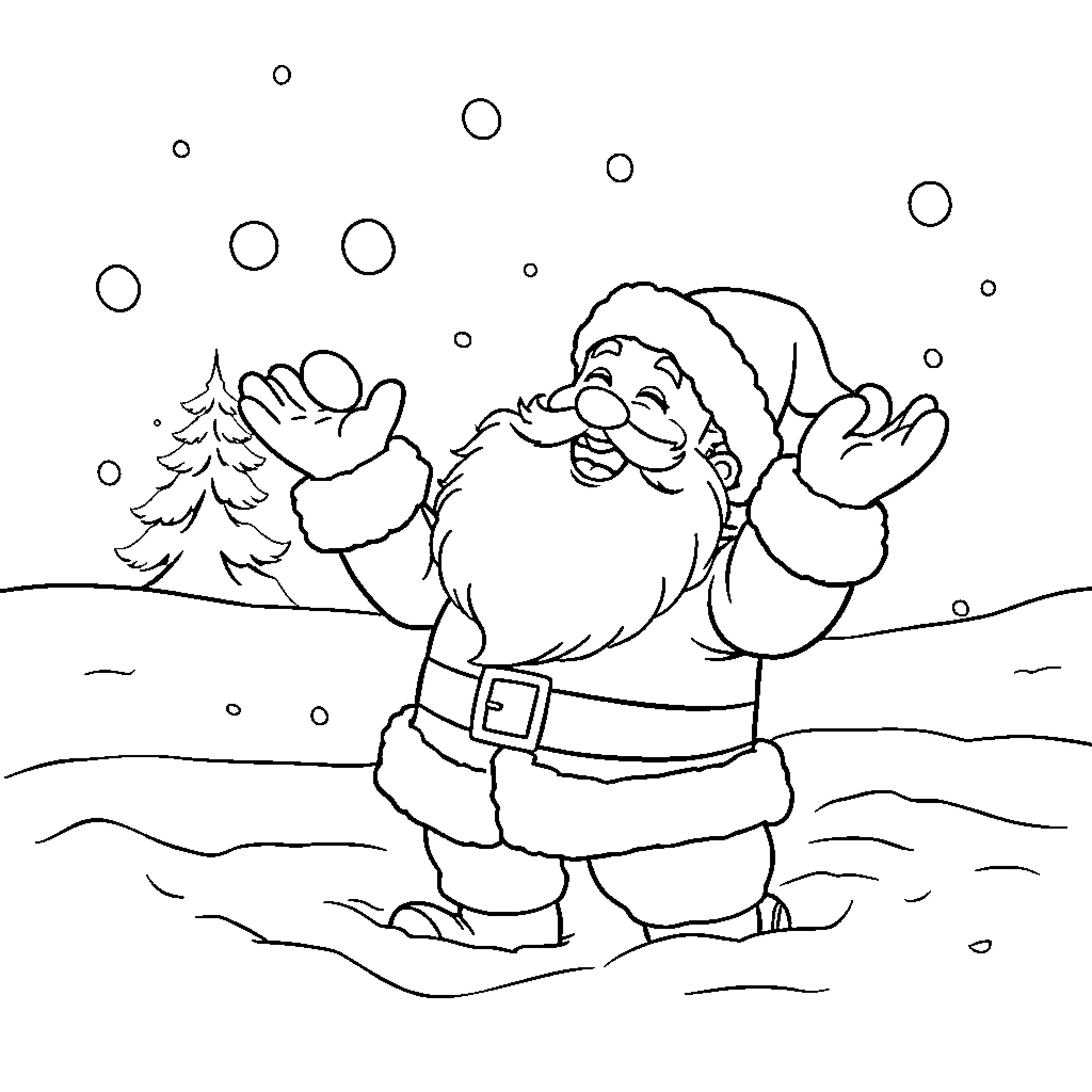 Santa joyfully waving in the winter landscape Coloring Page (free black-and-white line drawing printable PDF for all, from beginners to advanced learners, including children, teens, adults, and seniors)