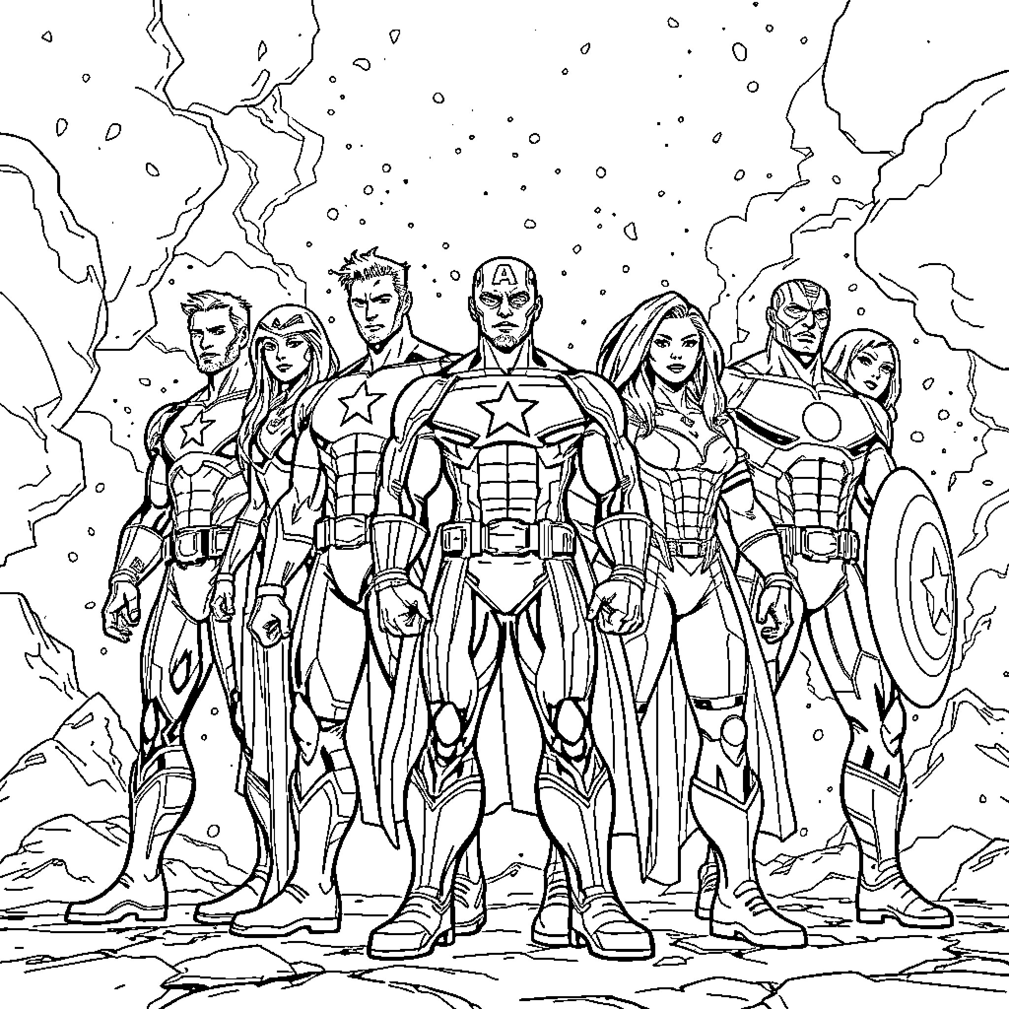Avenger heroes in epic battle formation Coloring Page (free black-and-white line drawing printable PDF for all, from beginners to advanced learners, including children, teens, adults, and seniors)