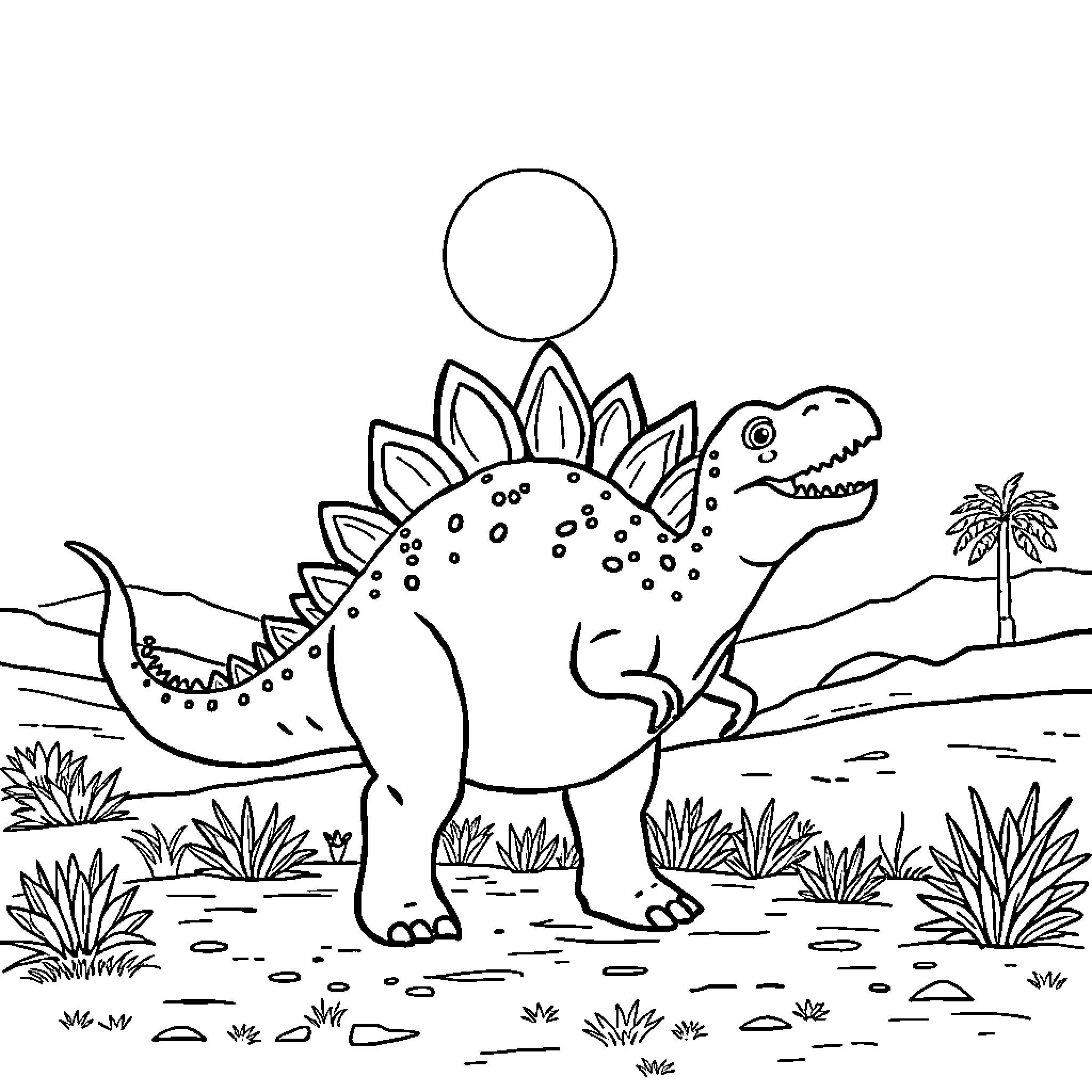Stegosaurus exploring prehistoric landscape Coloring Page (free black-and-white line drawing printable PDF for all, from beginners to advanced learners, including children, teens, adults, and seniors)