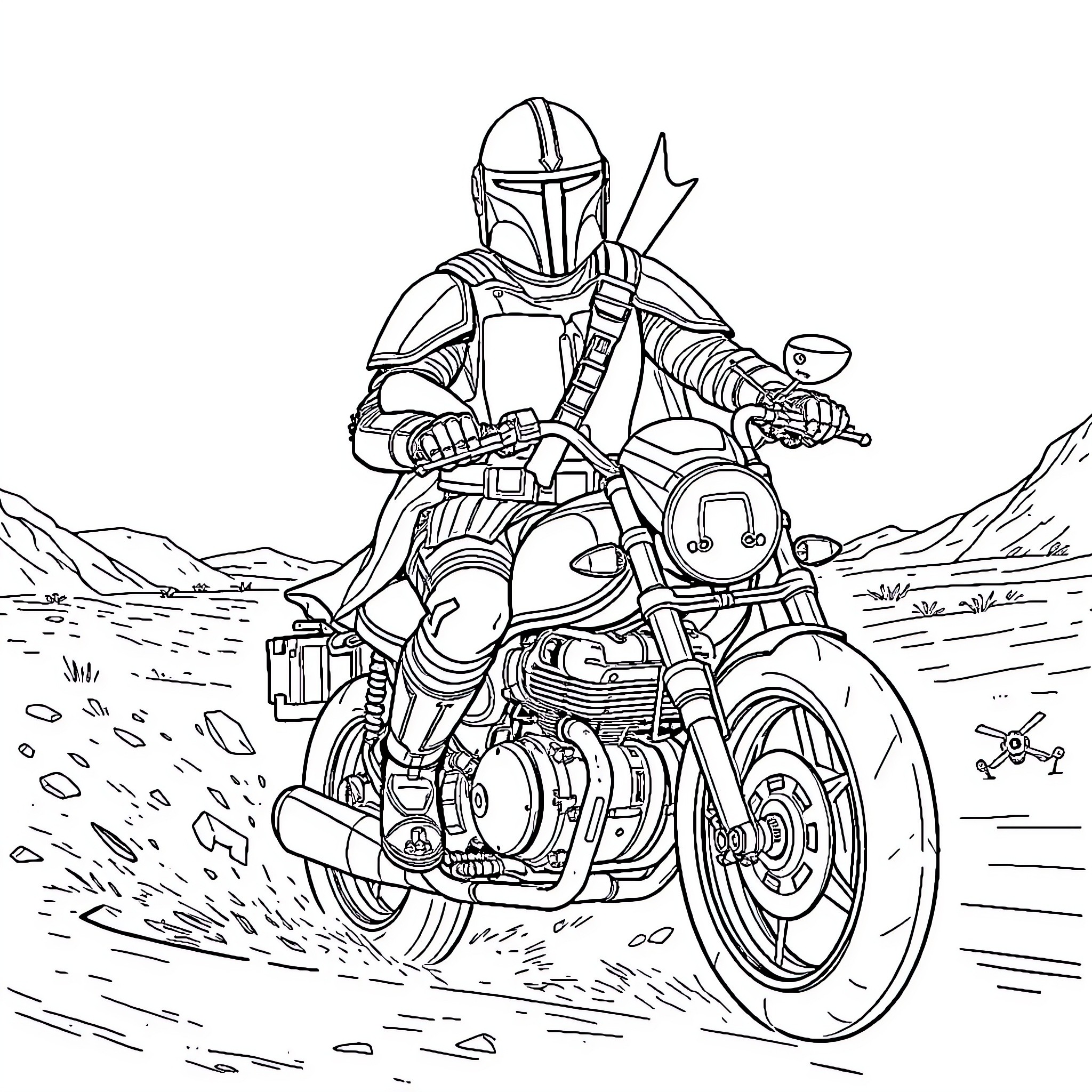 Mandalorian Warrior Riding Futuristic Motorcycle Coloring Page (free black-and-white line drawing printable PDF for all, from beginners to advanced learners, including children, teens, adults, and seniors)