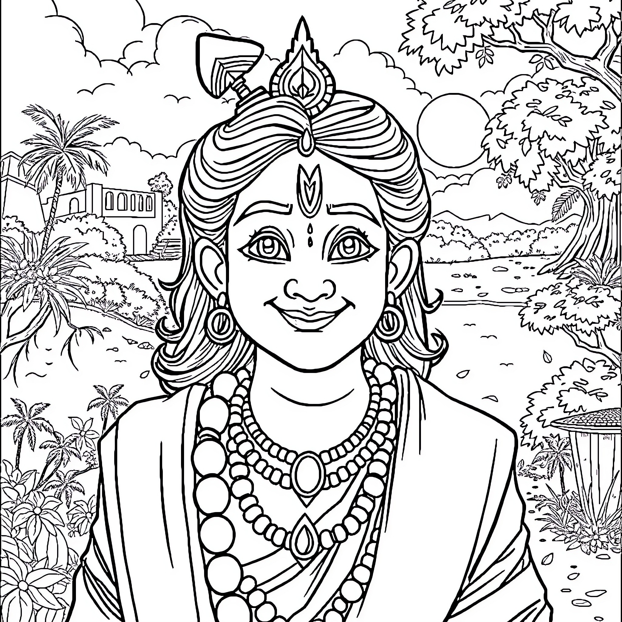Balkrishna enjoying a serene landscape Coloring Page (free black-and-white line drawing printable PDF for all, from beginners to advanced learners, including children, teens, adults, and seniors)