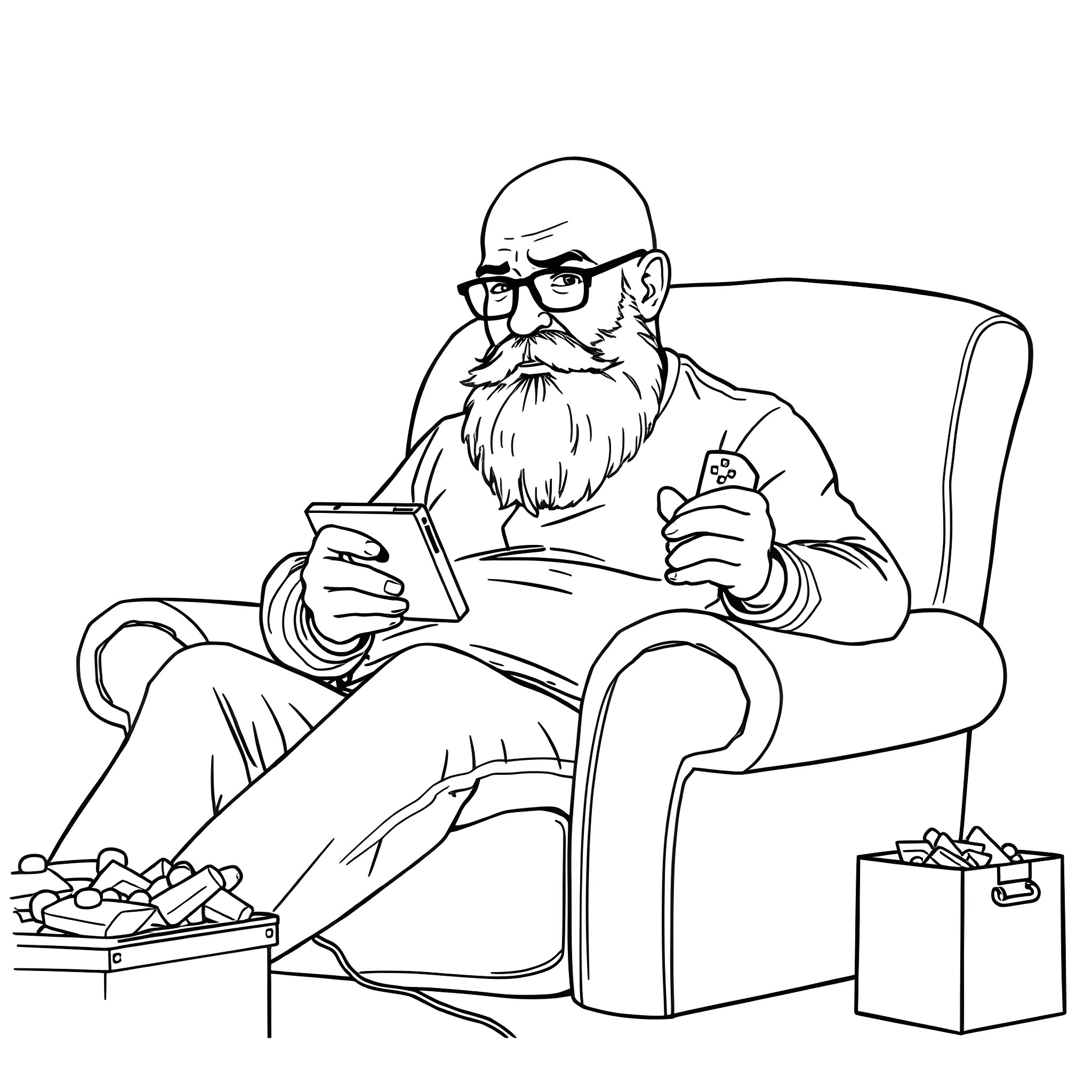 Man relaxing in armchair while using digital device Coloring Page (free black-and-white line drawing printable PDF for all, from beginners to advanced learners, including children, teens, adults, and seniors)