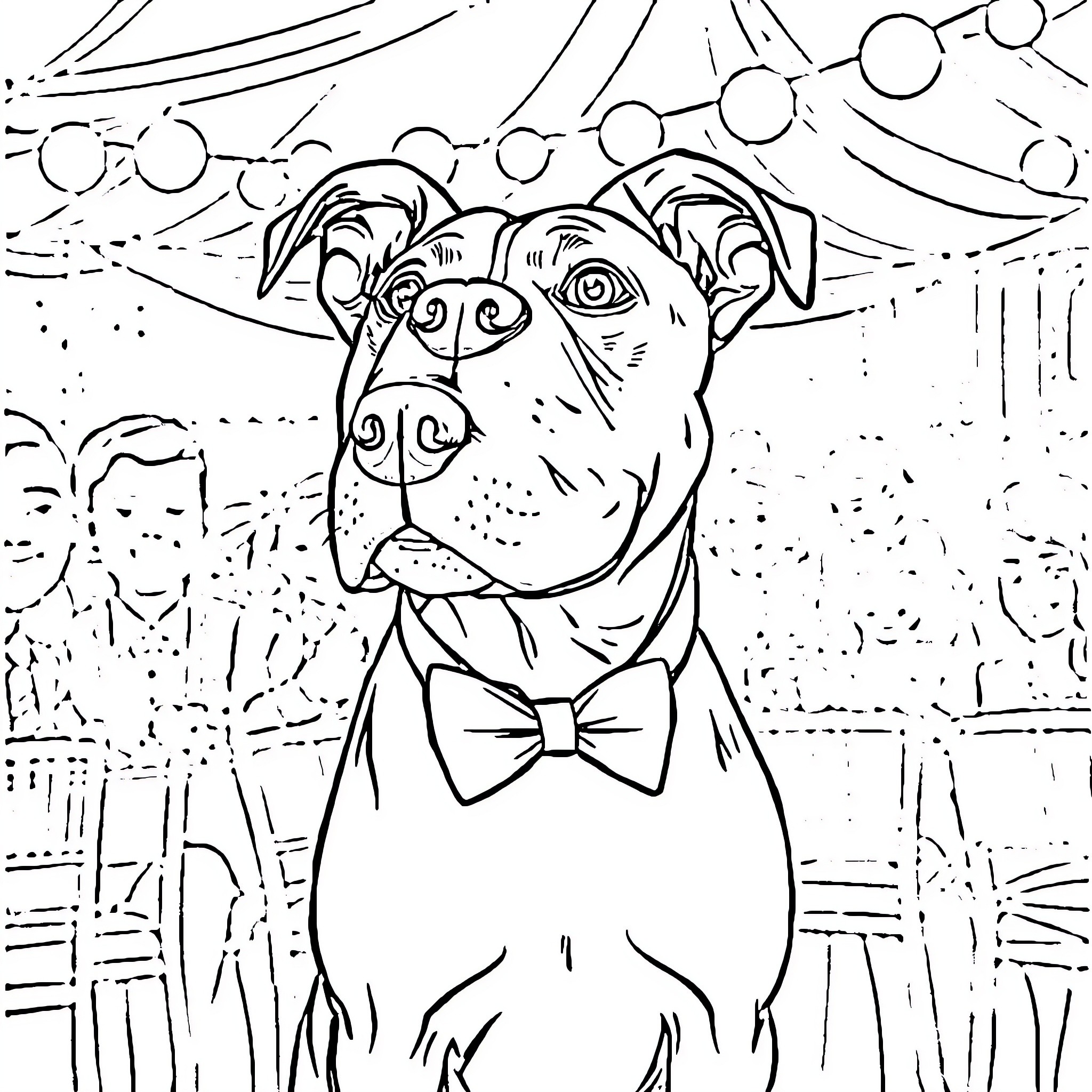 Dog wearing a bow tie in a whimsical scene Coloring Page (free black-and-white line drawing printable PDF for all, from beginners to advanced learners, including children, teens, adults, and seniors)