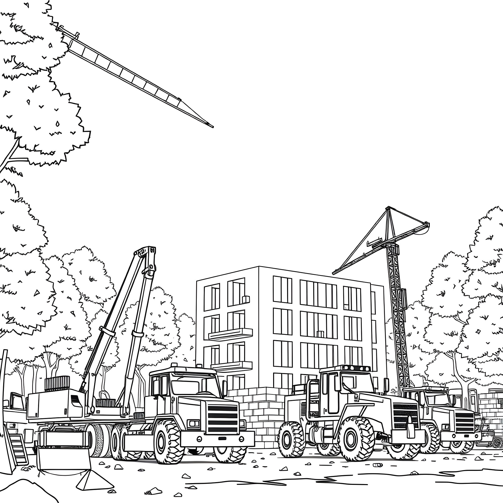 Construction Vehicle Busy at Work Building Site Coloring Page (free black-and-white line drawing printable PDF for all, from beginners to advanced learners, including children, teens, adults, and seniors)