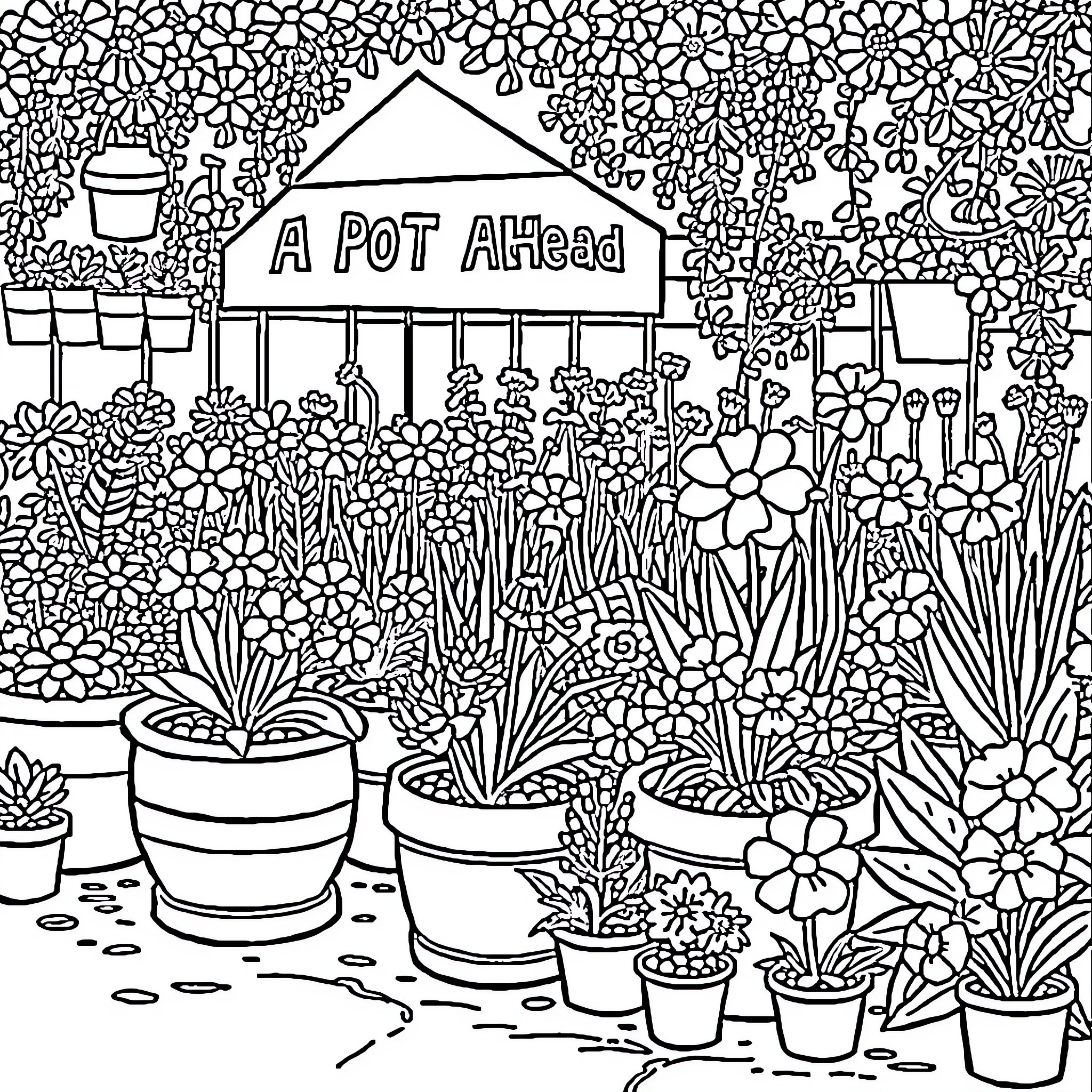 Garden scene with a variety of plants and a potting shed Coloring Page (free black-and-white line drawing printable PDF for all, from beginners to advanced learners, including children, teens, adults, and seniors)