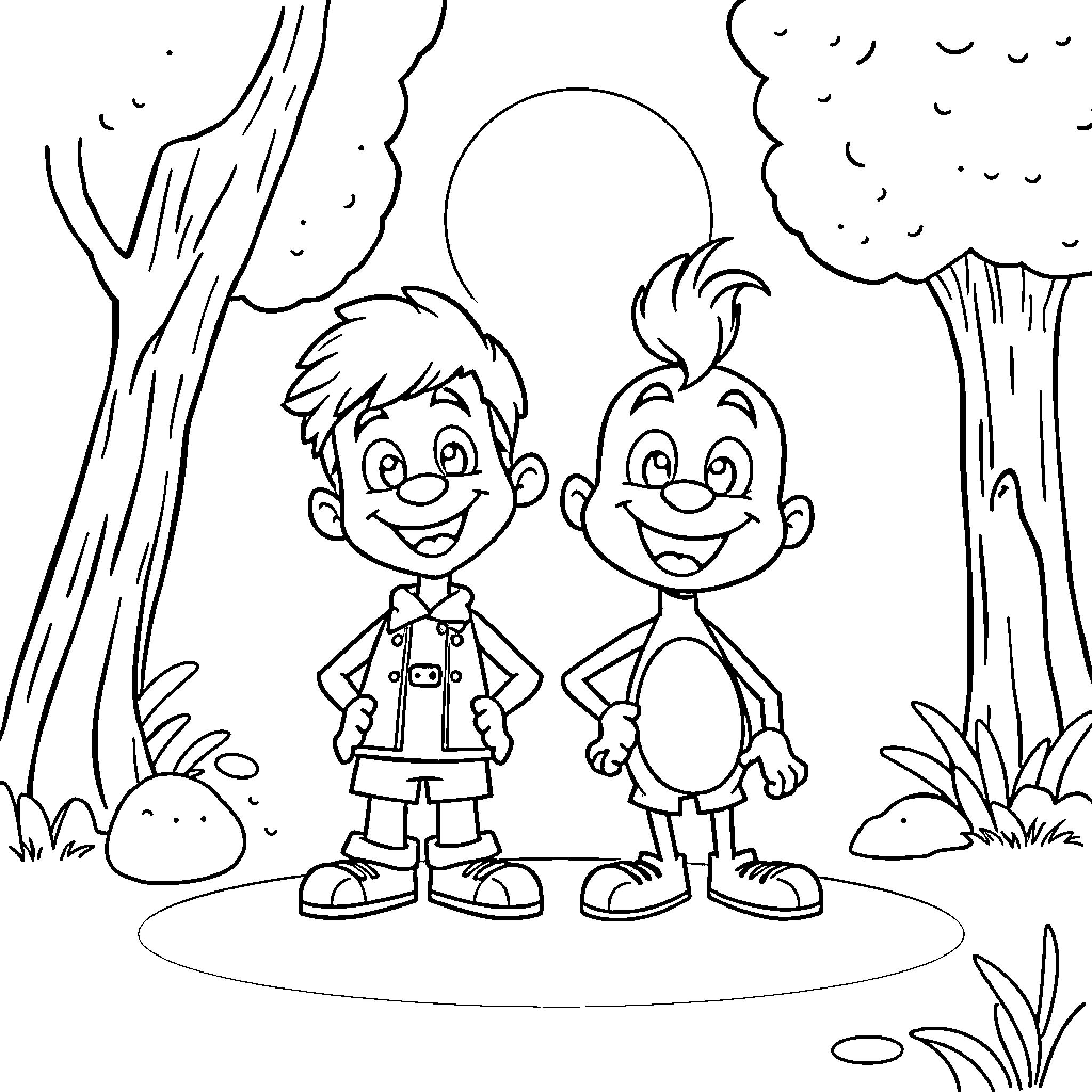 Kenny and Lenny enjoy nature together Coloring Page (free black-and-white line drawing printable PDF for all, from beginners to advanced learners, including children, teens, adults, and seniors)