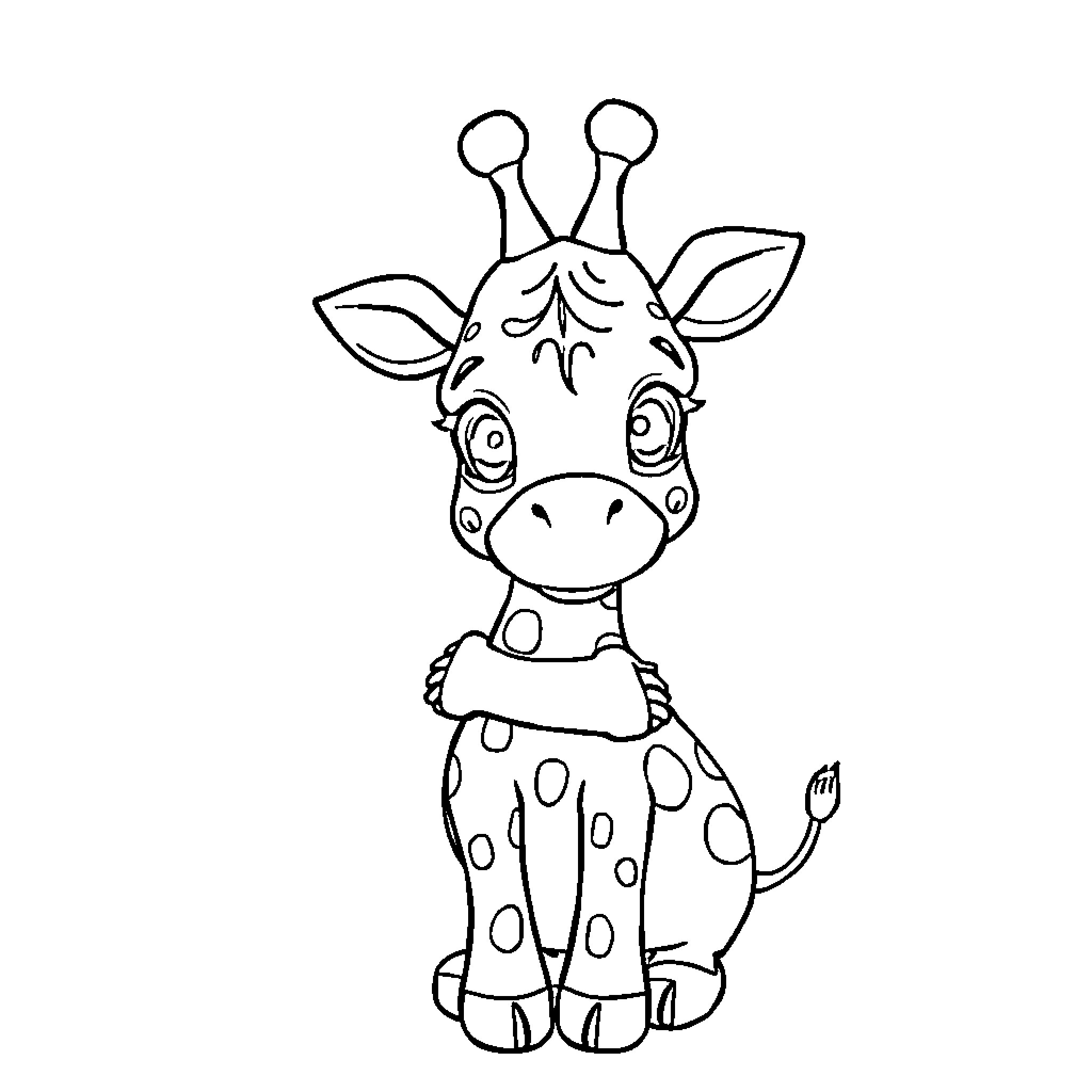 Giraffe with Whimsical Pattern and Expression Coloring Page (free black-and-white line drawing printable PDF for all, from beginners to advanced learners, including children, teens, adults, and seniors)