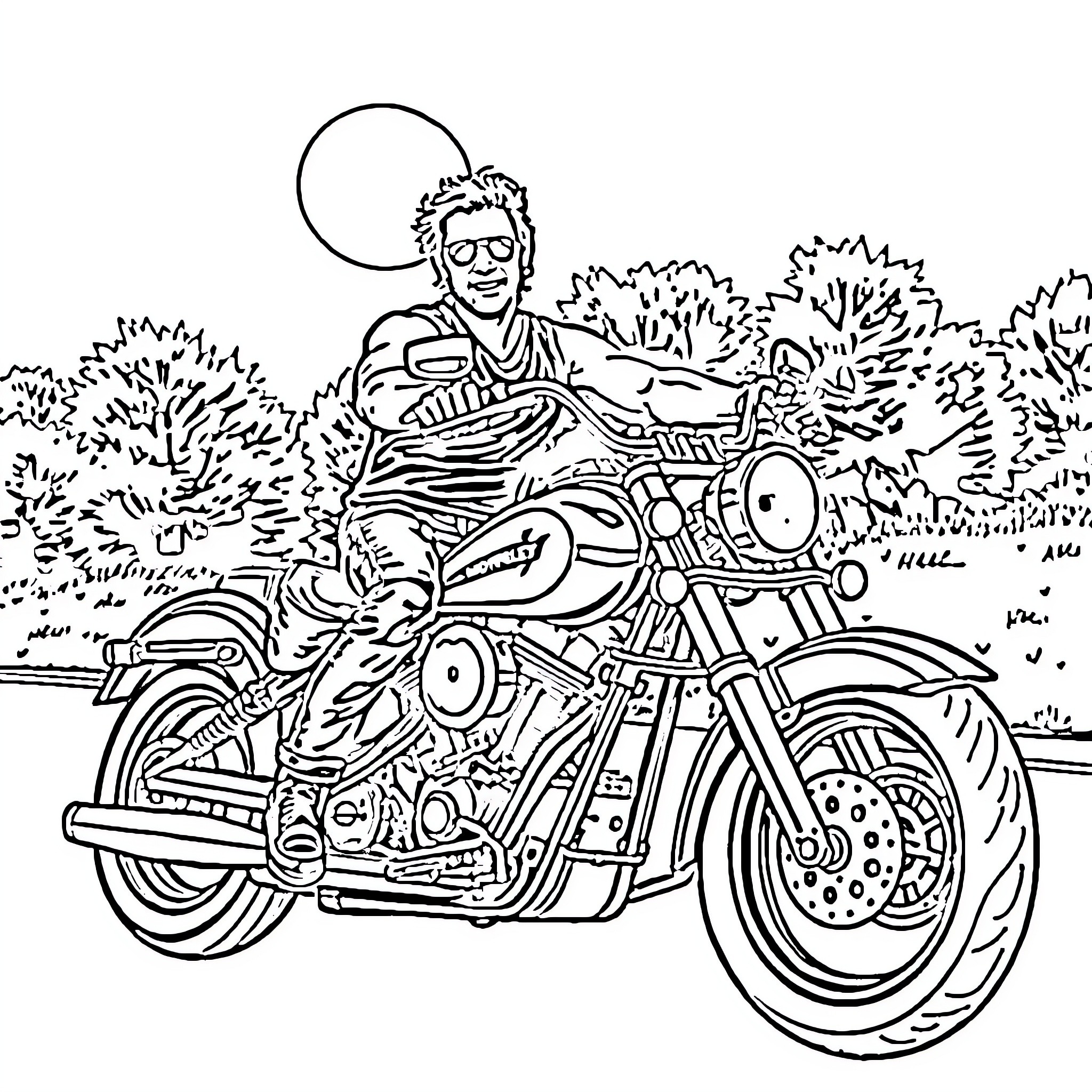 James Hetfield riding a motorcycle through nature Coloring Page (free black-and-white line drawing printable PDF for all, from beginners to advanced learners, including children, teens, adults, and seniors)