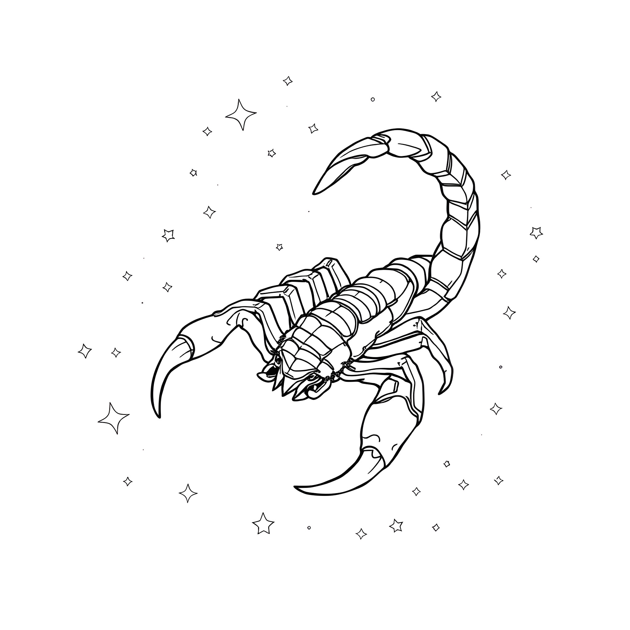 Scorpio astrological symbol in starry night Coloring Page (free black-and-white line drawing printable PDF for all, from beginners to advanced learners, including children, teens, adults, and seniors)