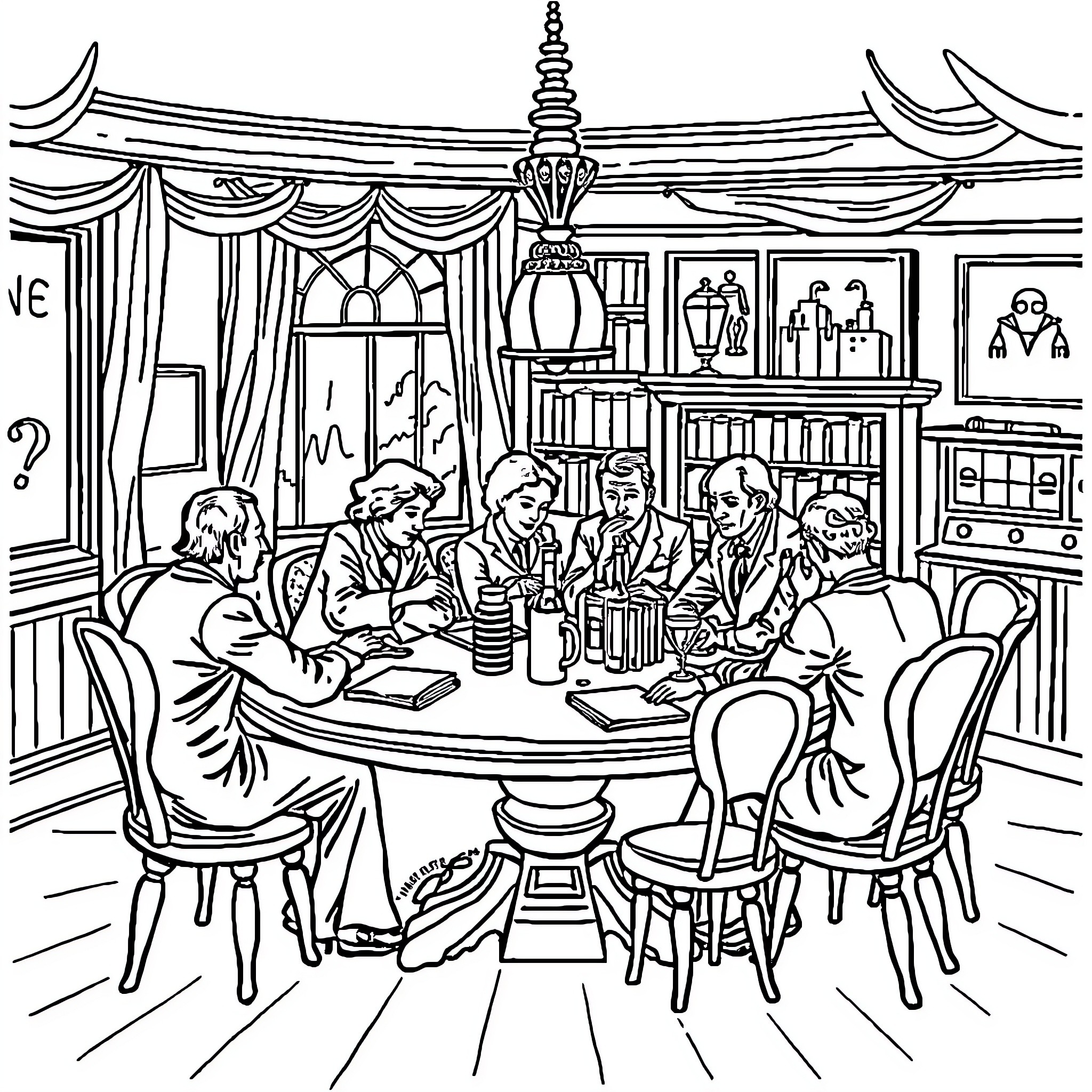 Algonquin Round Table - Stylized Scene of Intellectual Gathering Coloring Page (free black-and-white line drawing printable PDF for all, from beginners to advanced learners, including children, teens, adults, and seniors)